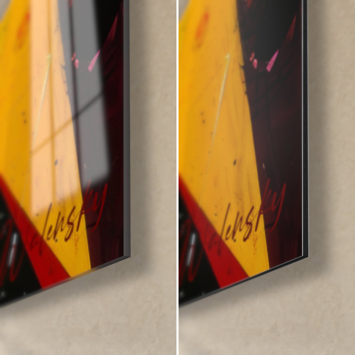 Tableau composition géométrique jaune et rouge, coin bas droit en verre brillant à gauche et Dibond mat à droite, tranche de 3 mm