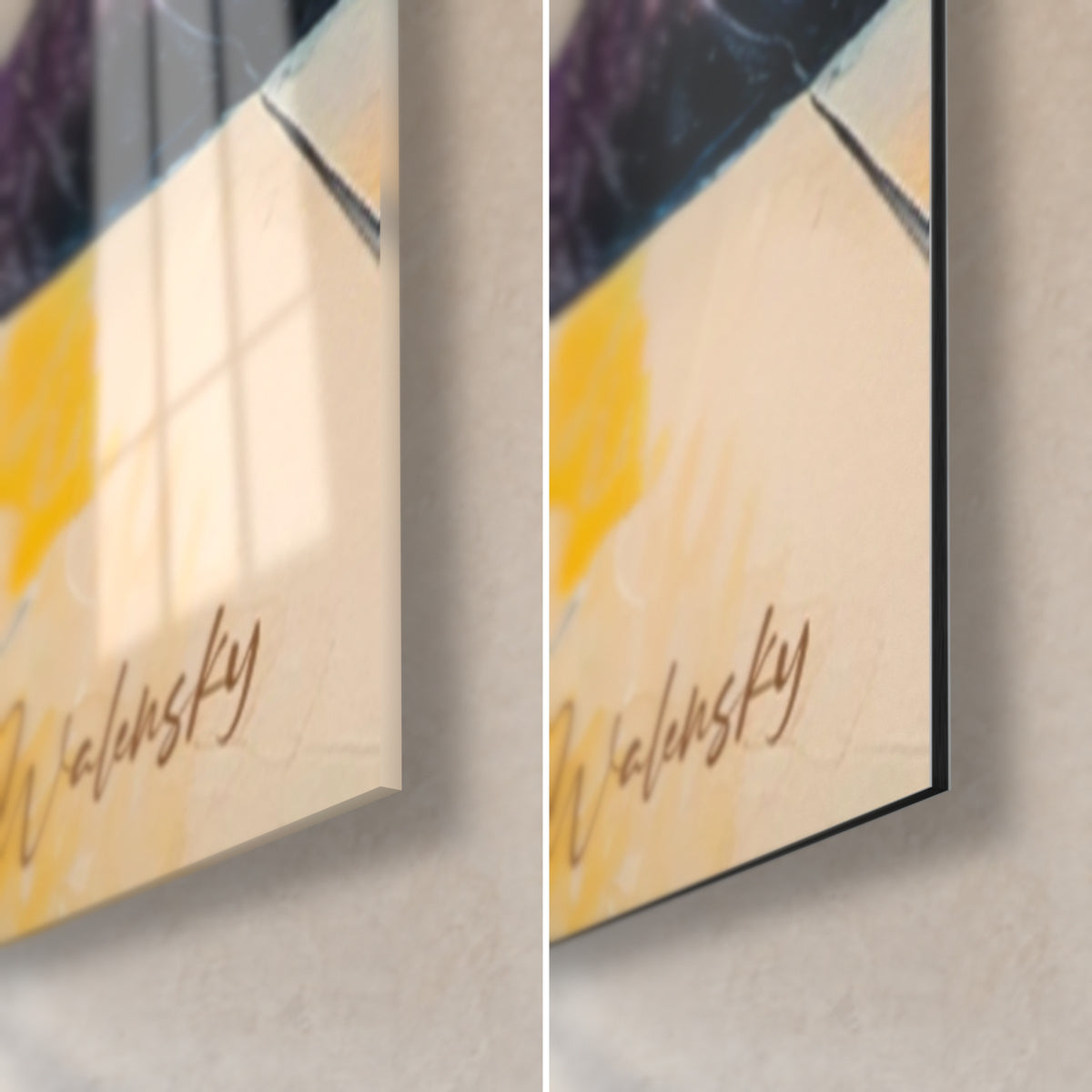 Tableau composition abstraite, coin bas droit crème et jaune avec signature Walensky, verre brillant à gauche, Dibond noir mat à droite