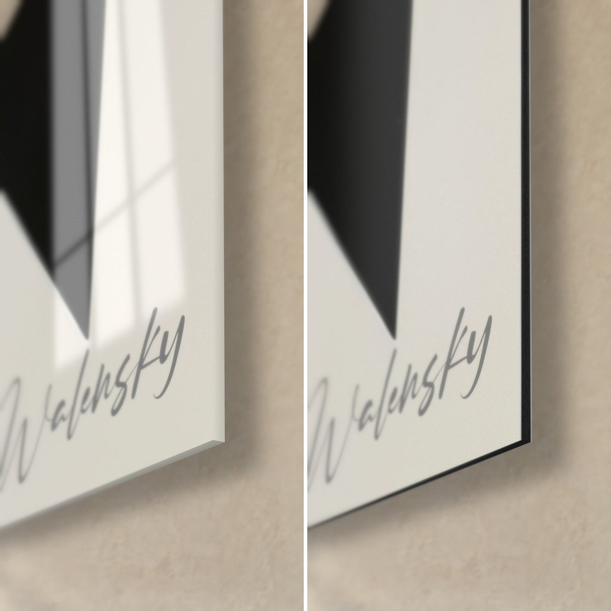 Schilderij abstracte kunst in zwart, ivoor en rood, rechtsonder: glanzend acrylglas links, mat Dibond-aluminium rechts