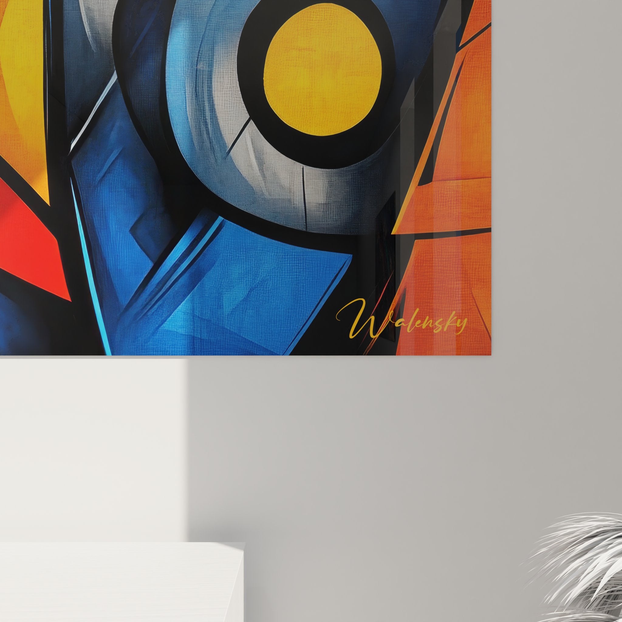 Vue ensemble tableau géométrique abstrait coloré art mural moderne décoration intérieure contemporaine