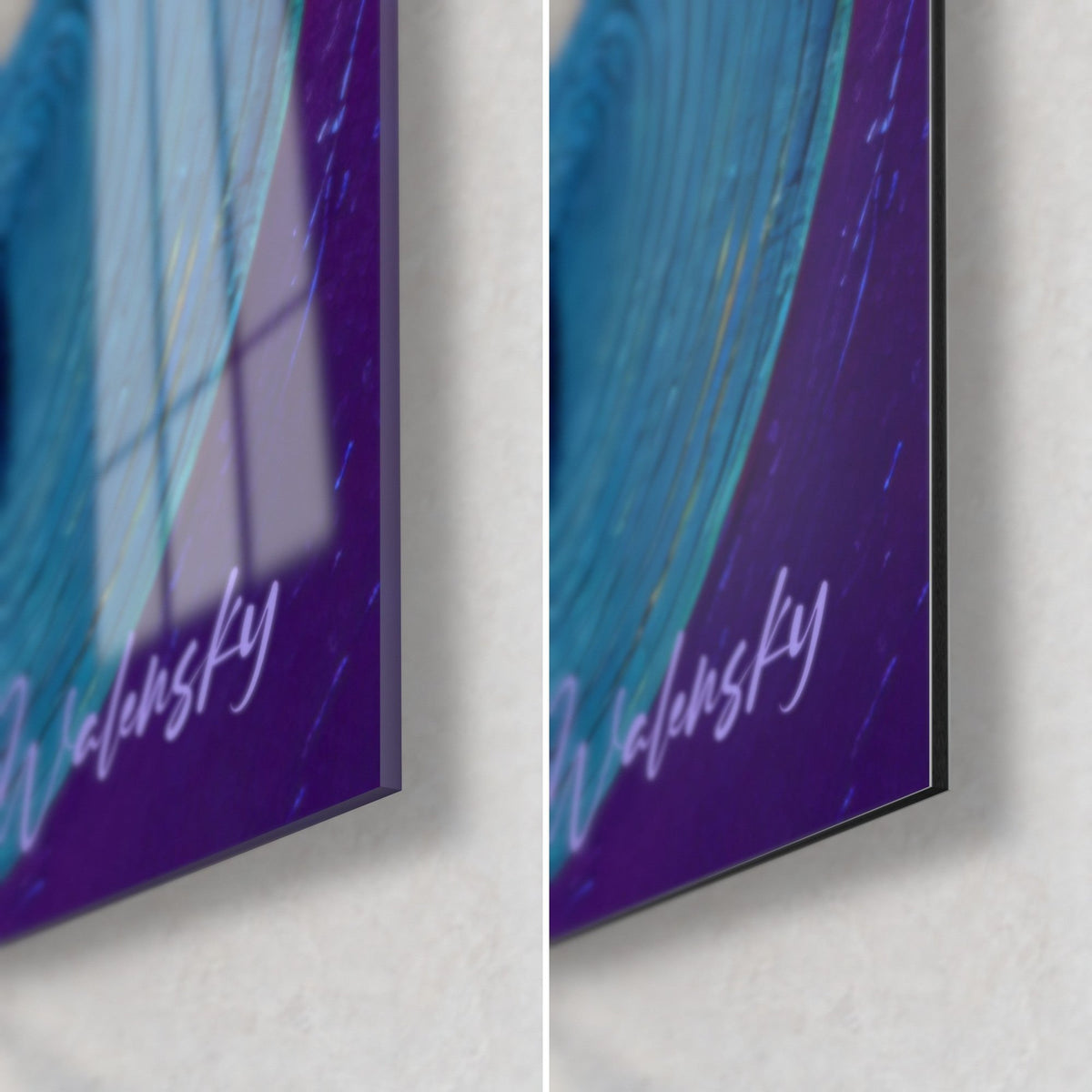 Wall art with abstract shapes in turquoise blue and deep purple, bottom right corner: glossy acrylic glass on the left, matte Dibond aluminum on the right, 3 mm edge
