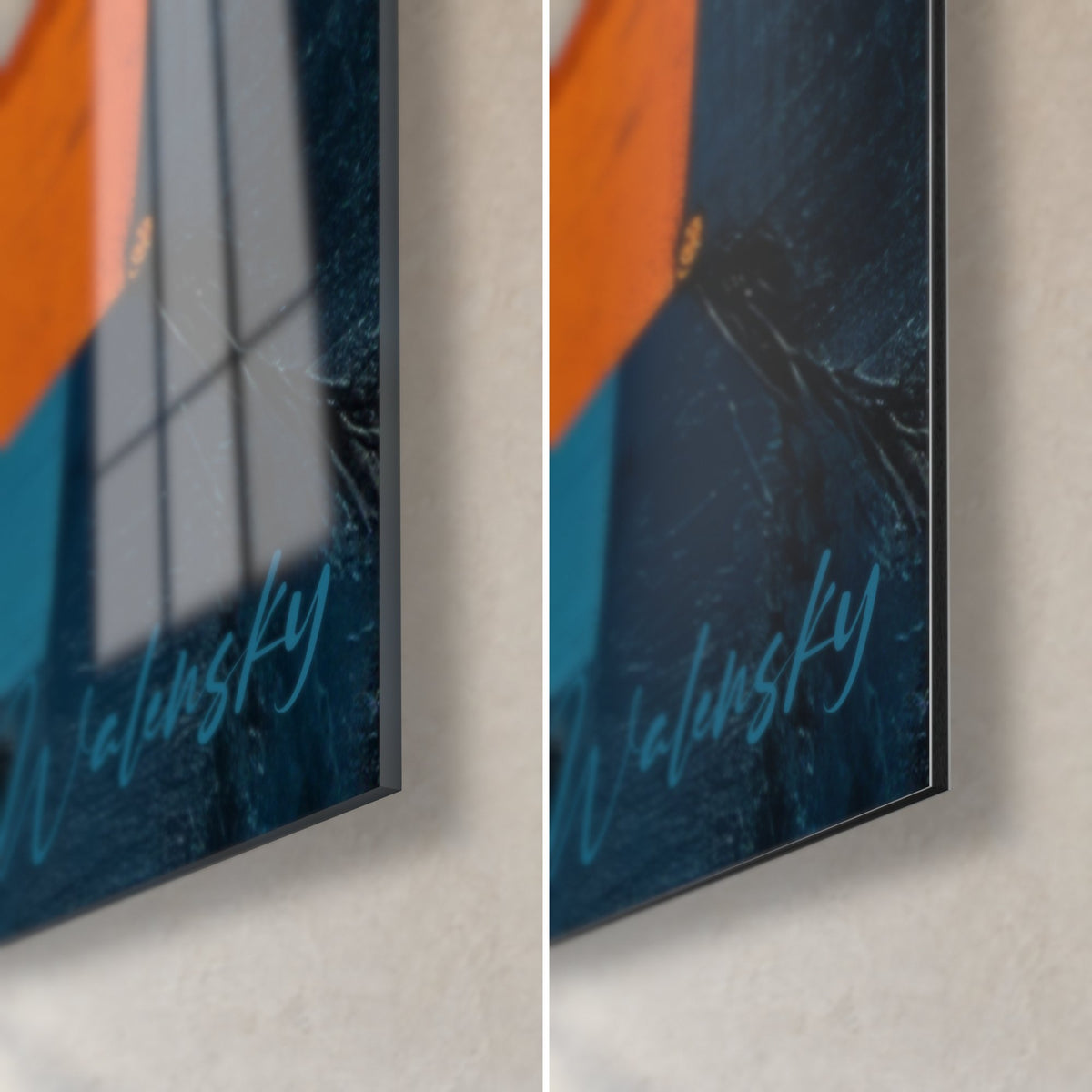Wall art navy blue and orange geometric puzzle, blue signature, 3 mm black edge, glossy glass and matte Dibond