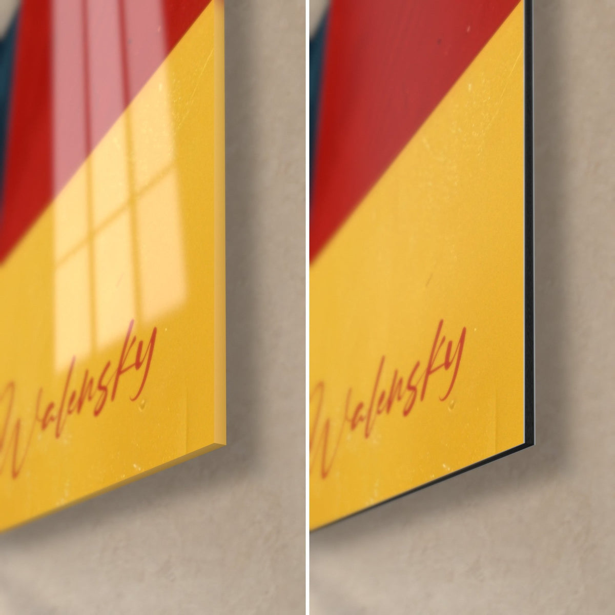 Tableau aplats géométriques jaune soleil et rouge vif, signature Walensky, verre acrylique brillant à gauche et alu Dibond mat à droite