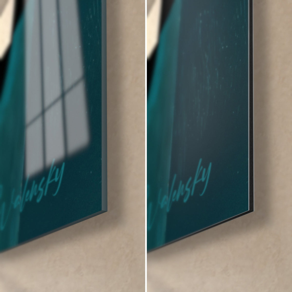 Wall art with a mosaic of flat blocks in petrol blue and mustard yellow, bottom right corner: glossy glass on the left, matte Dibond and edge on the right