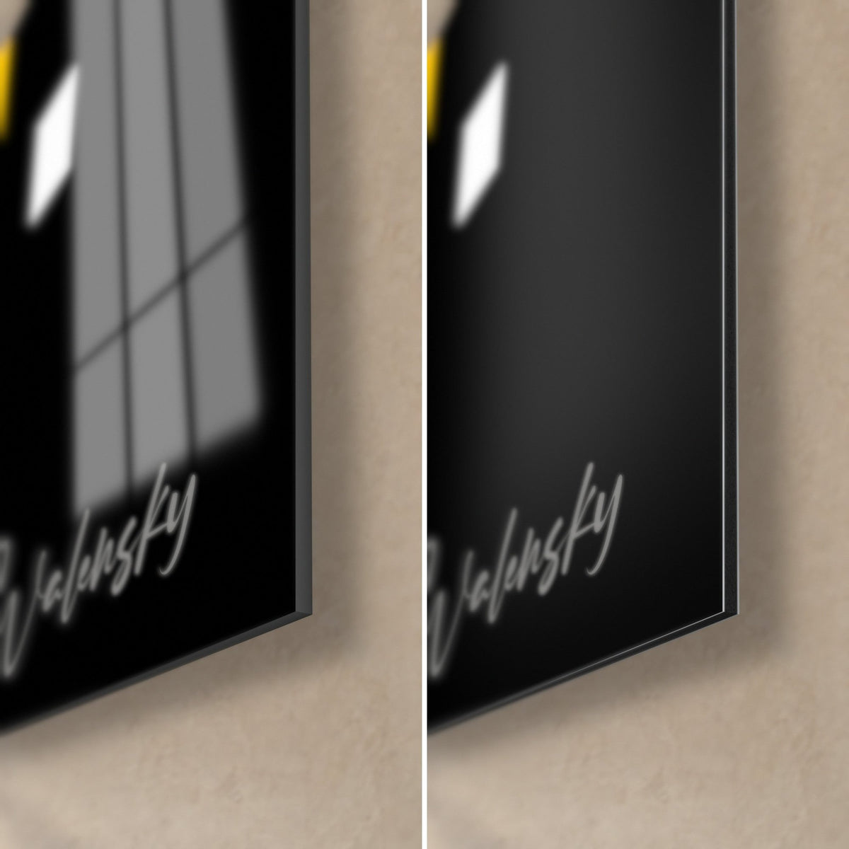 Tableau abstrait à fond noir, coin bas droit signé Walensky : verre brillant à reflets, alu Dibond mat, tranche de 3 mm