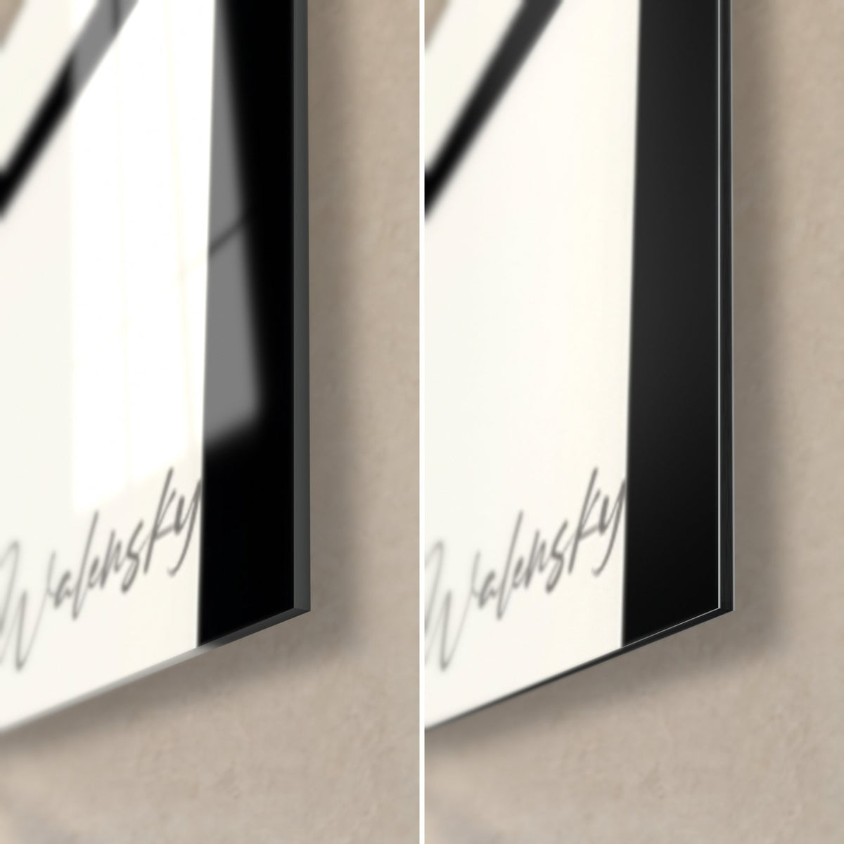 Gemälde neoplastische Kunst, Detail unten rechts: glänzendes Acrylglas links, mattes Alu-Dibond rechts, schwarze 3-mm-Kante