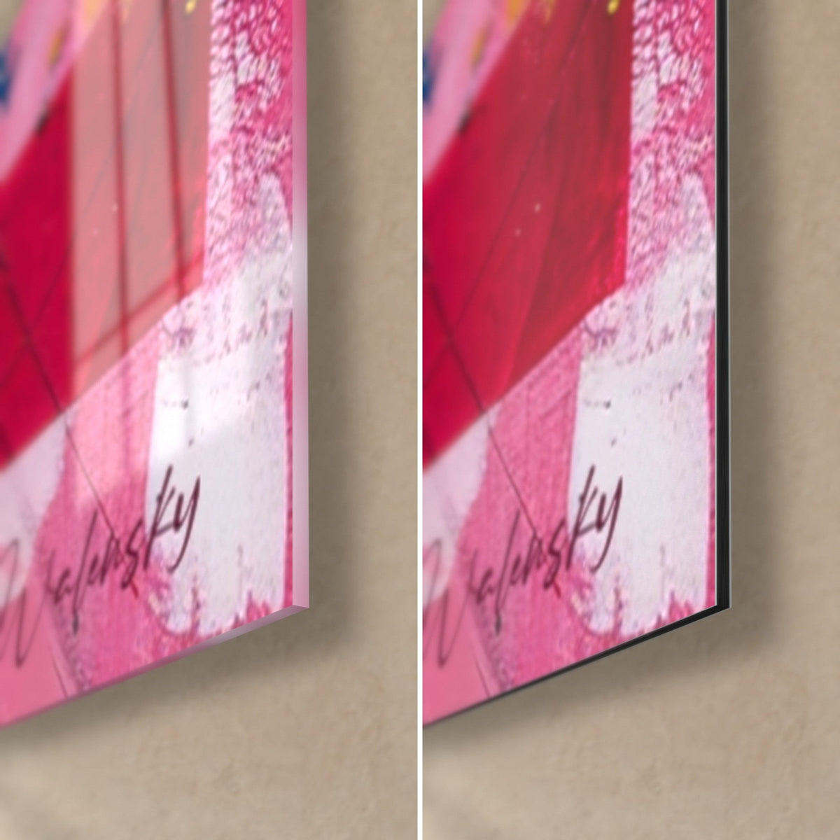 Tableau patchwork géométrique rose et carmin, signature Walensky, coin bas droit : verre acrylique brillant et Dibond noir mat