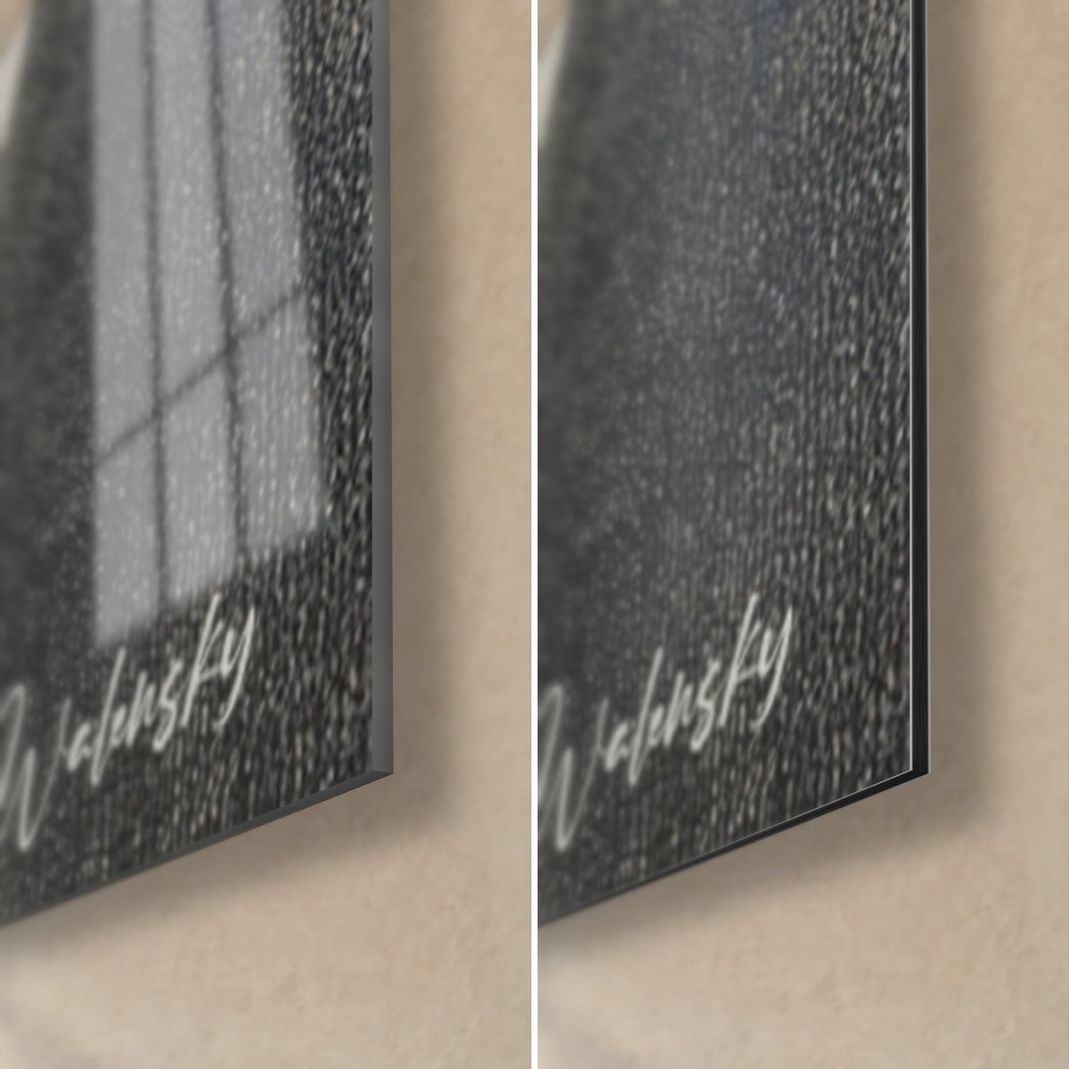 Wall art black and grey geometric shapes, bottom right corner, glossy acrylic glass on the left, matte Dibond on the right, 3 mm edge