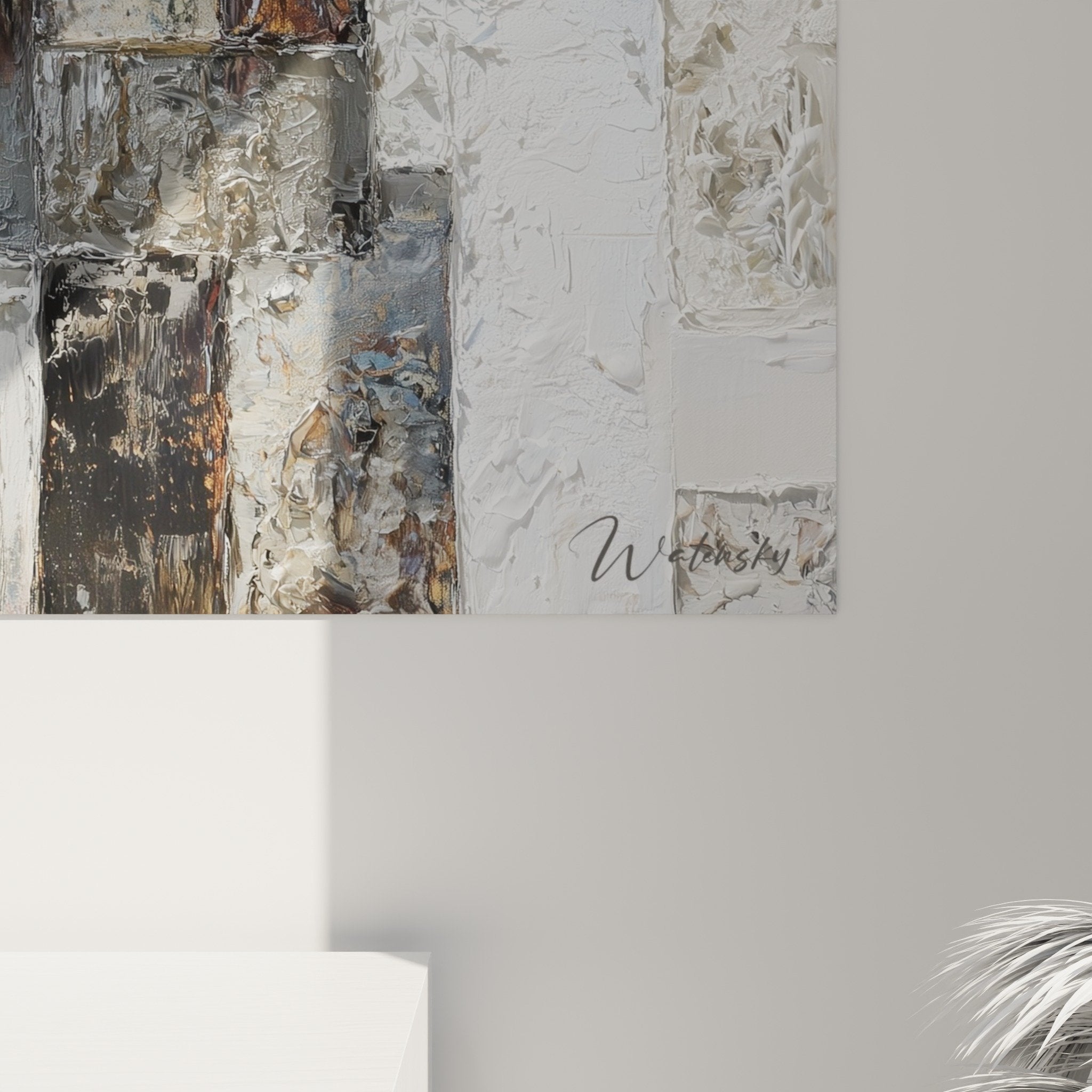 Gesamtansicht abstraktes Mosaikgemälde Grau Zusammensetzung Quadrate Rechtecke Feng Shui