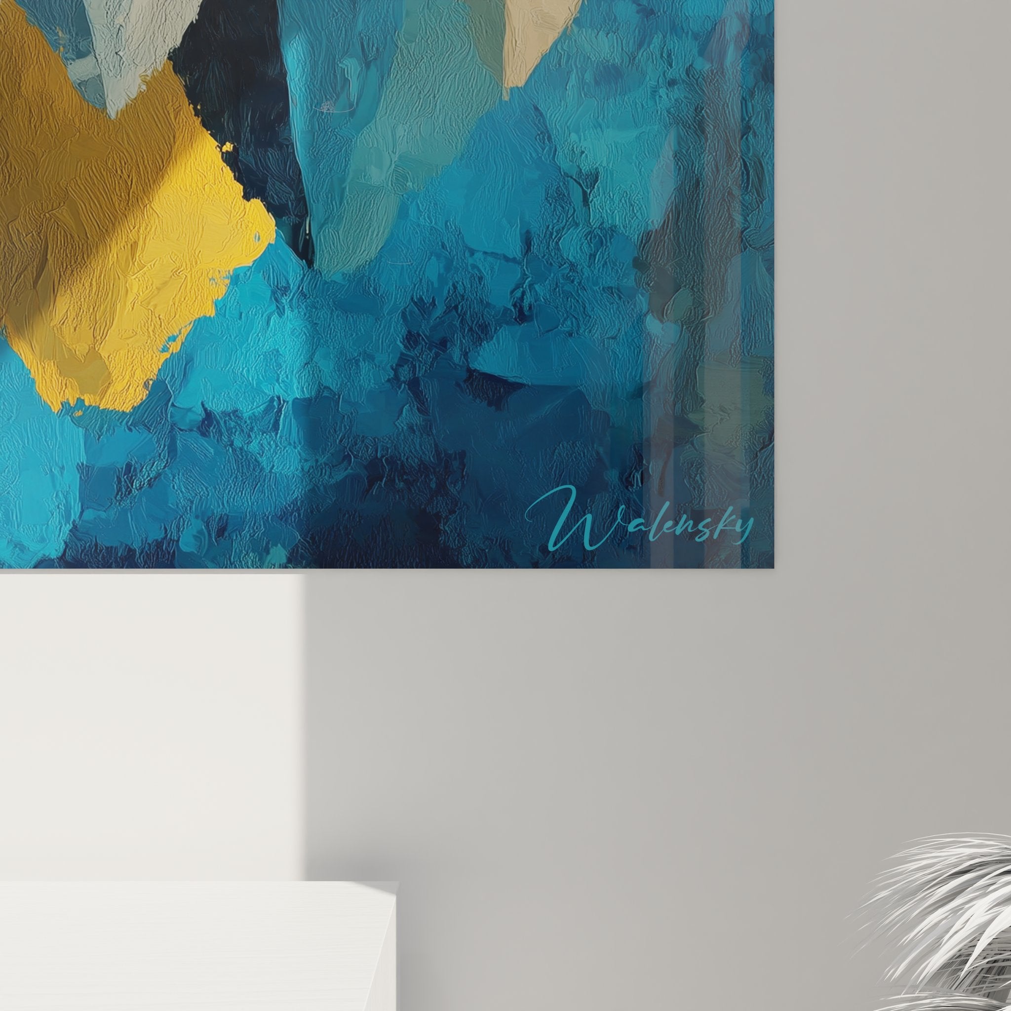 Overall view of mountain painting with colorful triangular shapes, geometric composition desert wall art