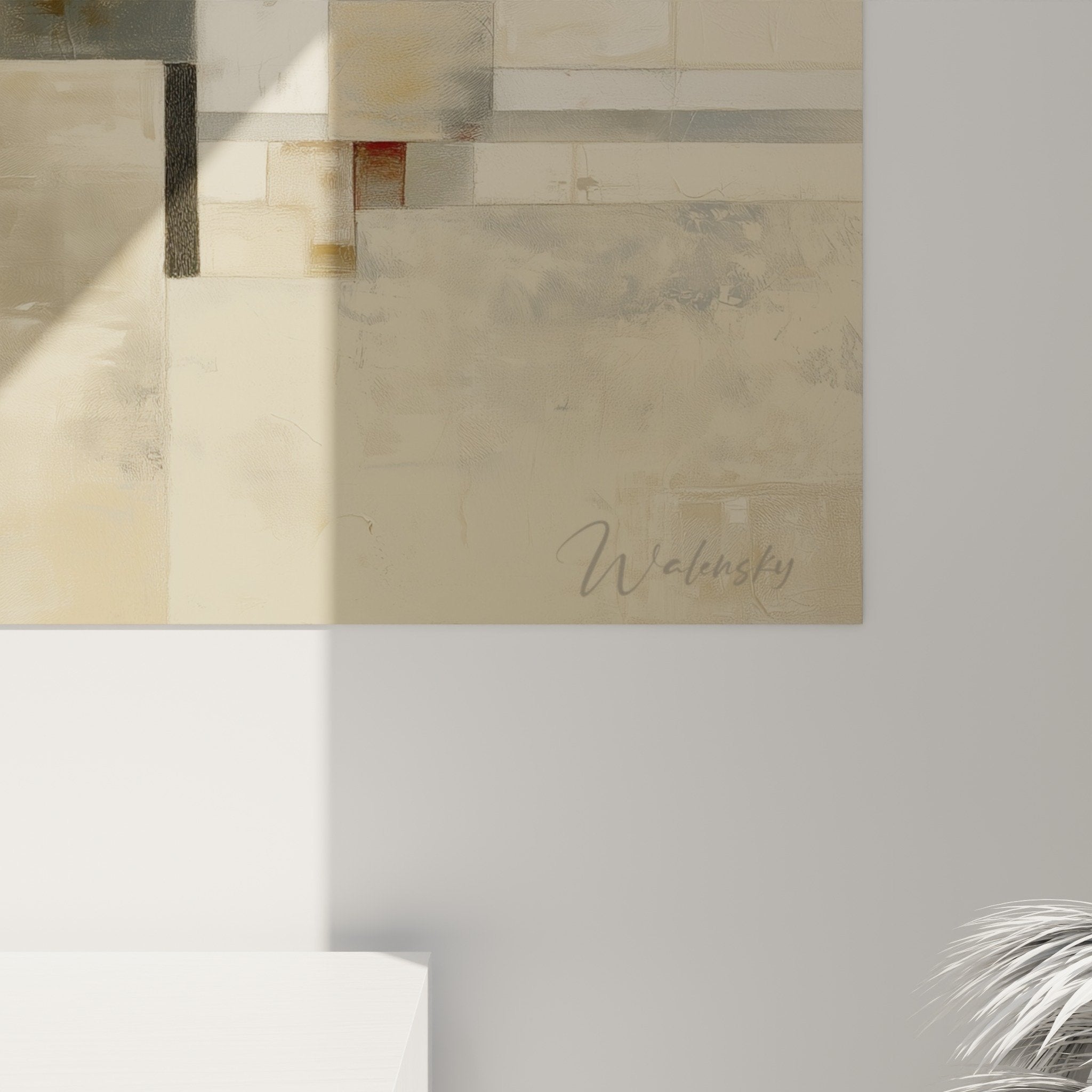 Overview of abstract geometric wall art, neutral tones contemporary style harmony
