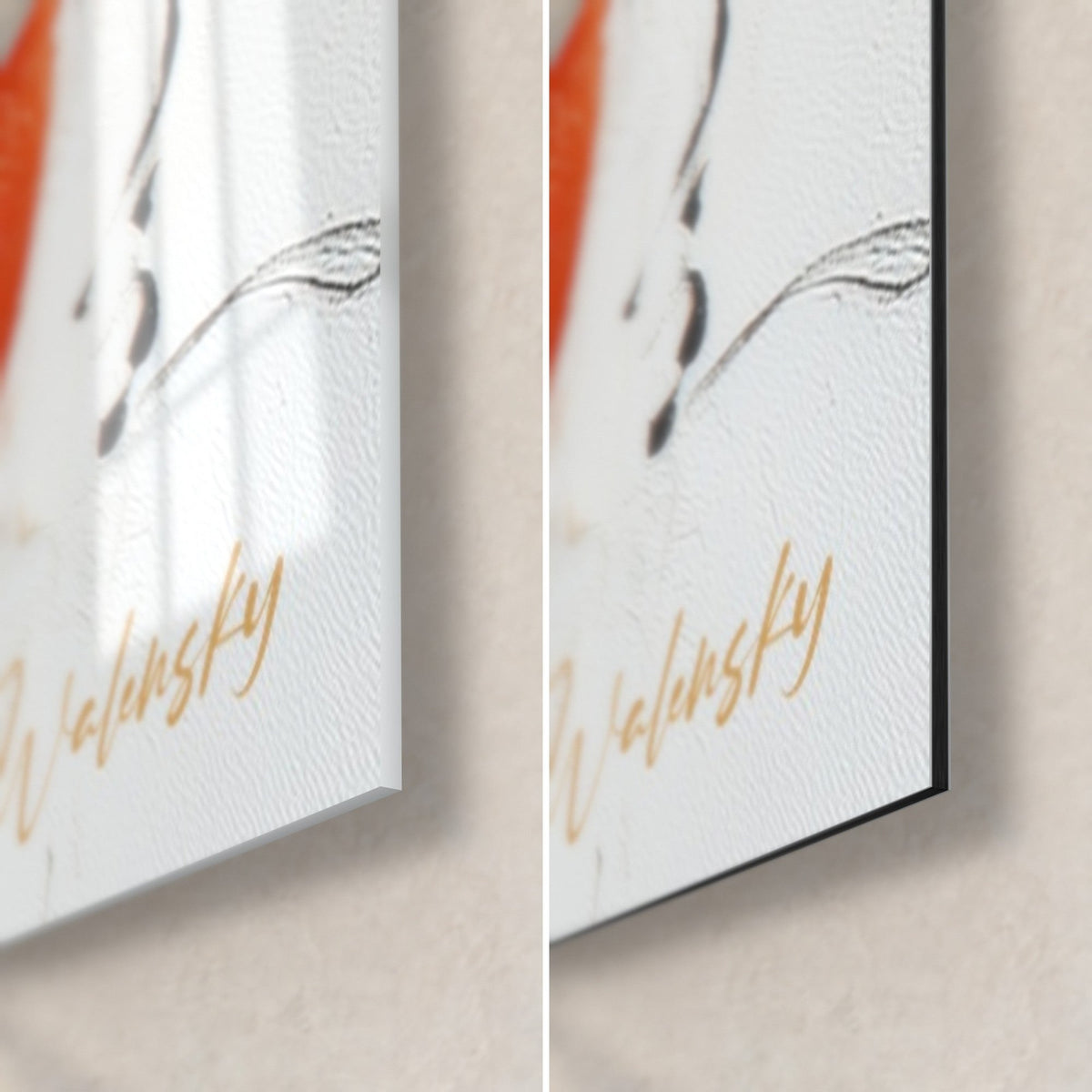 Tableau abstrait orange et noir, coin bas droit : verre acrylique brillant à gauche, alu Dibond mat à droite, tranche 3 mm