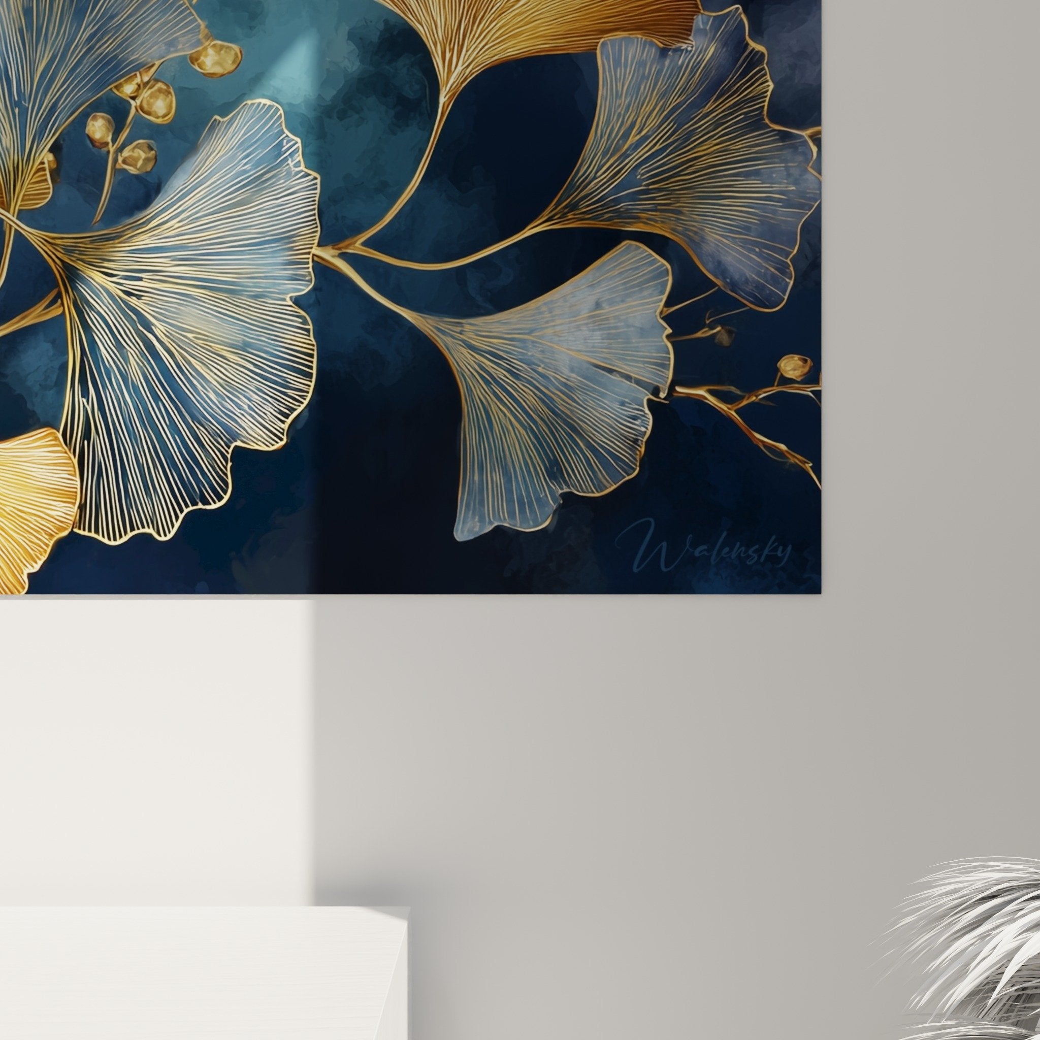 Vue d'ensemble tableau Ginkgo feuilles dorées bleues composition artistique décoration intérieur