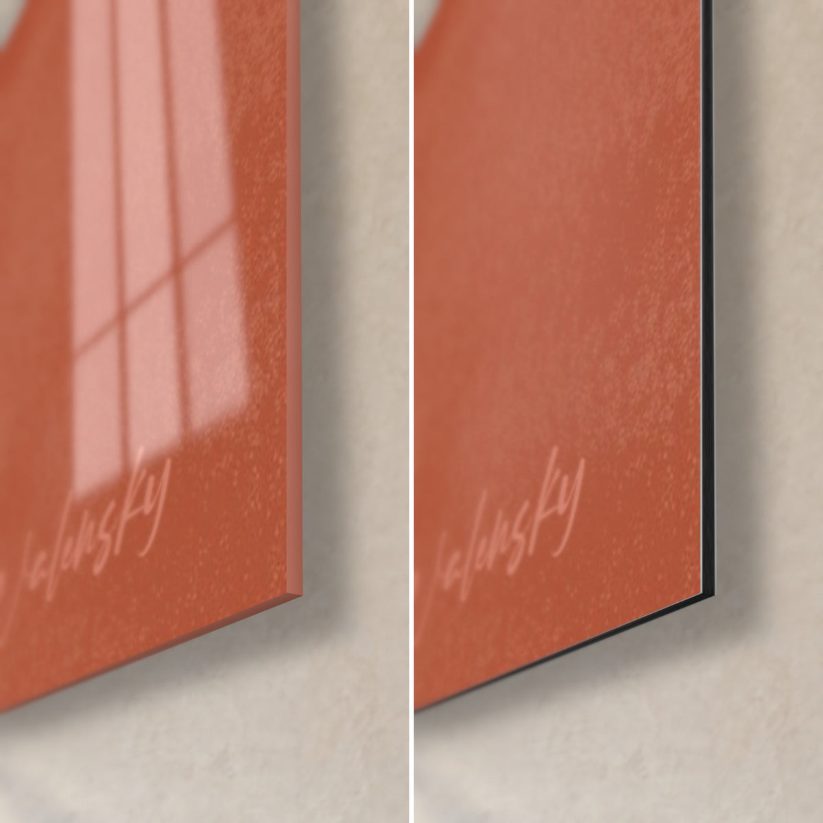 Cuadro hoja de ginkgo con nervaduras marfil sobre terracota, esquina inferior derecha: cristal acrílico brillante y Dibond mate, canto de 3 mm