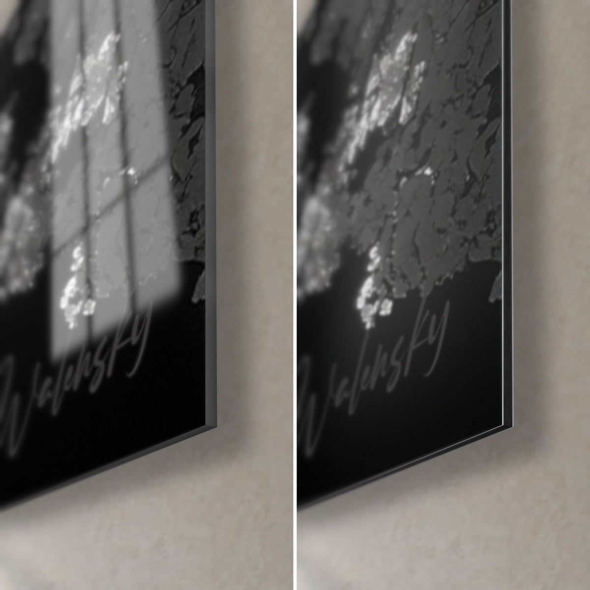 Tableau arbre en infrarouge, coin bas droit : verre acrylique brillant à gauche, alu Dibond mat noir et blanc à droite, tranche de 3 mm