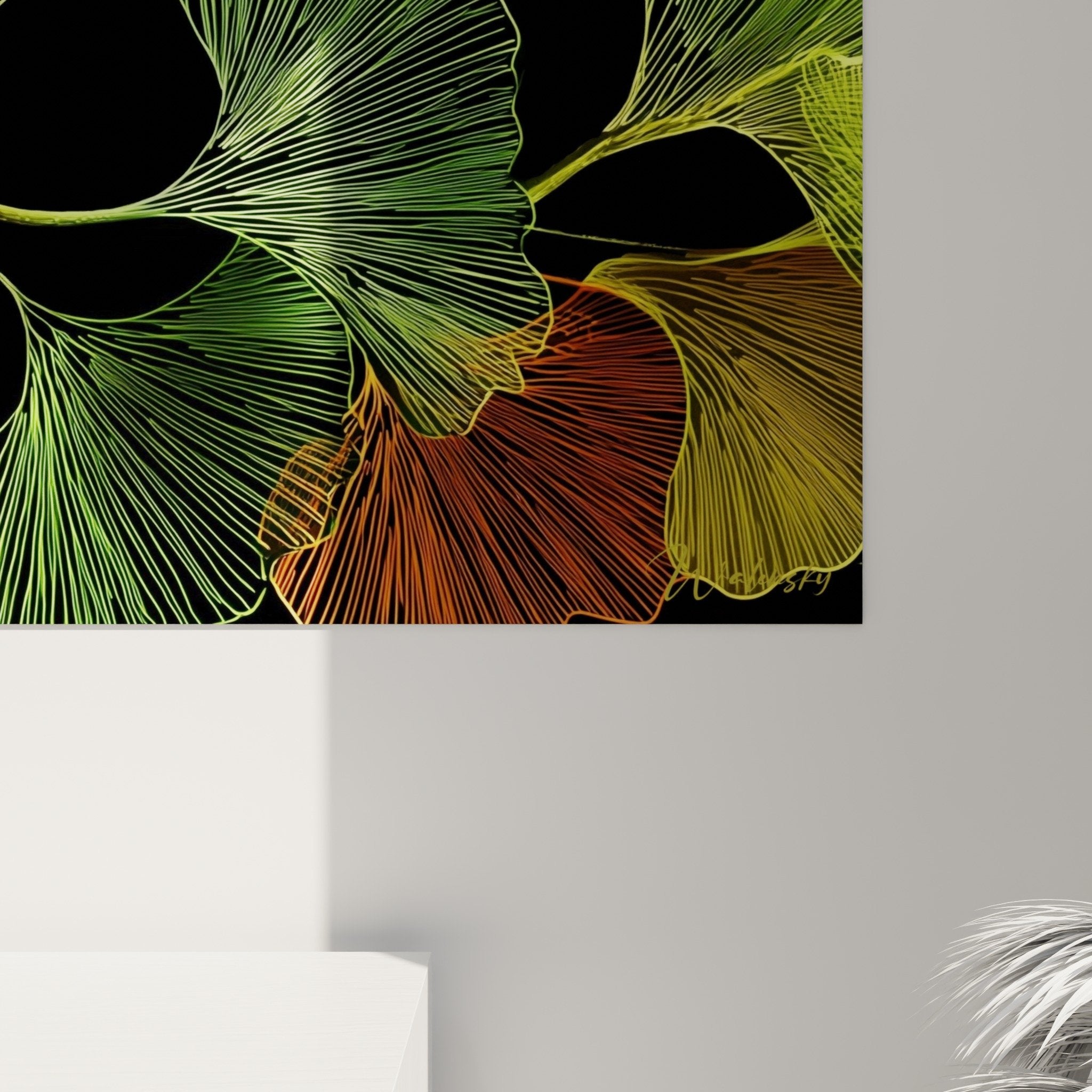 Full view panoramic ginkgo leaves artwork colorful modern living room decoration anthracite wall