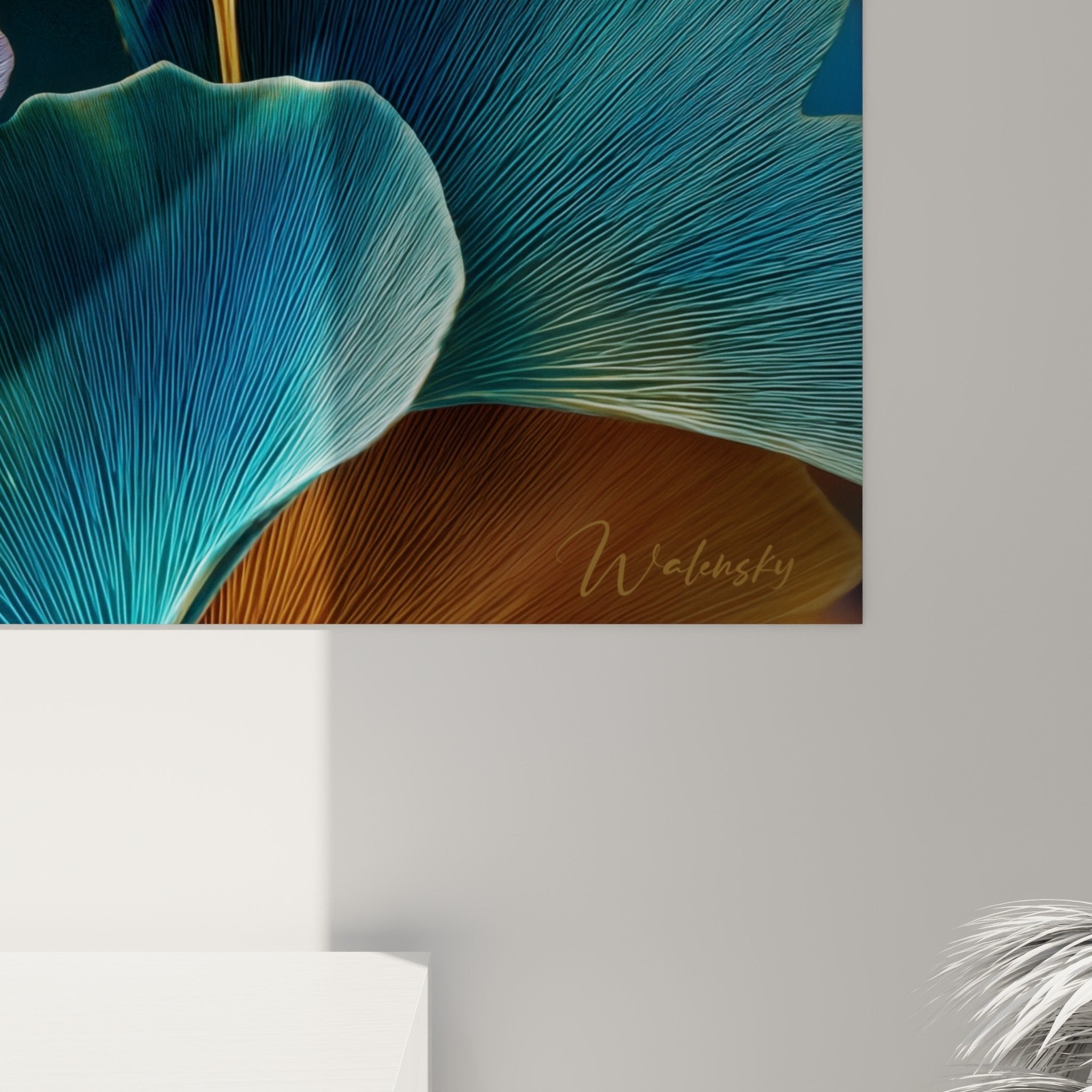Colorful ginkgo wall art overview, blue and gold leaves, contemporary decorative plant art