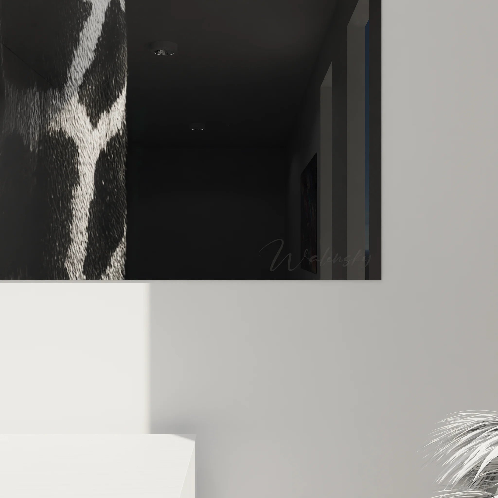 Vue ensemble tableau girafe noir et blanc décoration murale salon moderne style contemporain