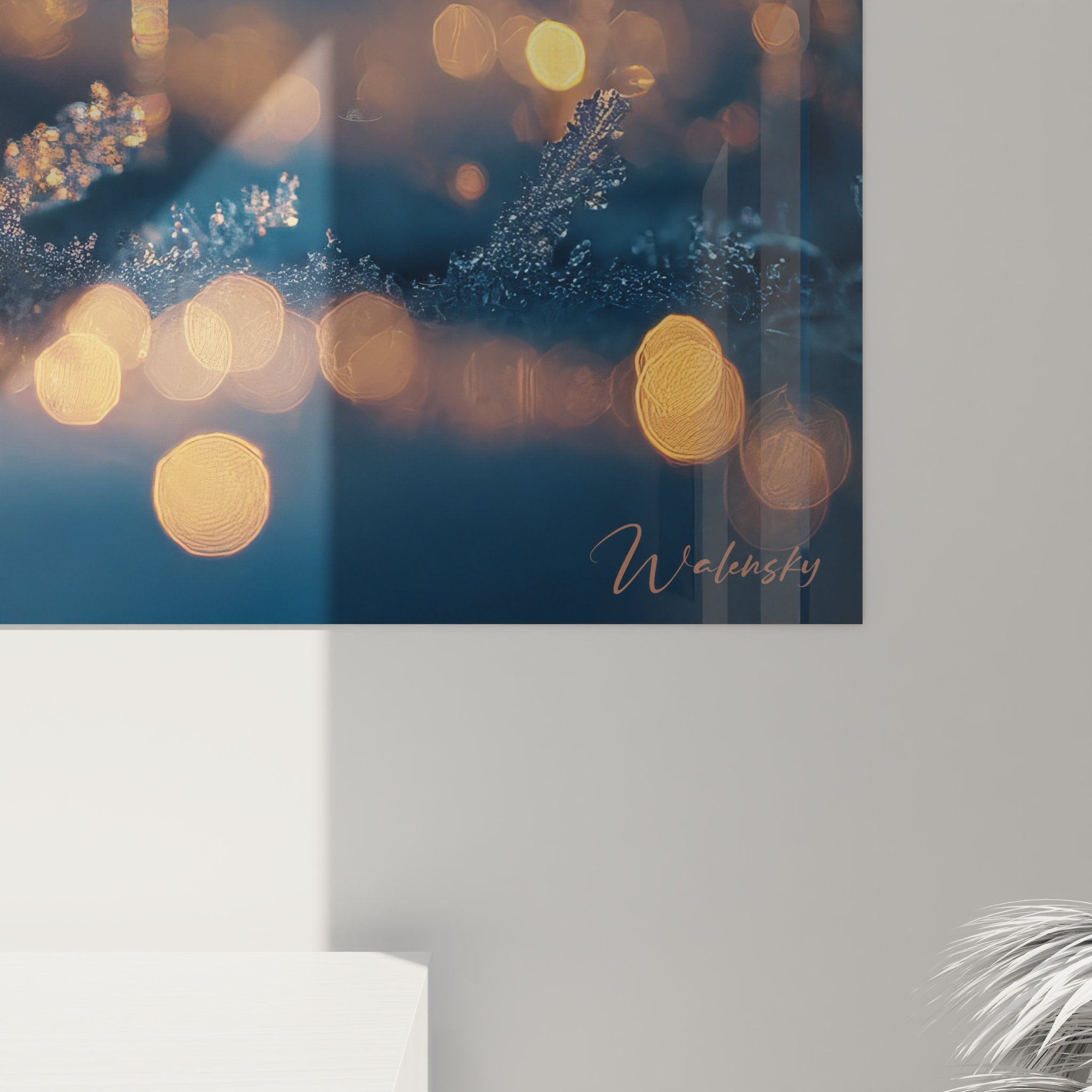 Vue ensemble tableau givre bokeh, art mural hivernal lumineux décoration intérieure