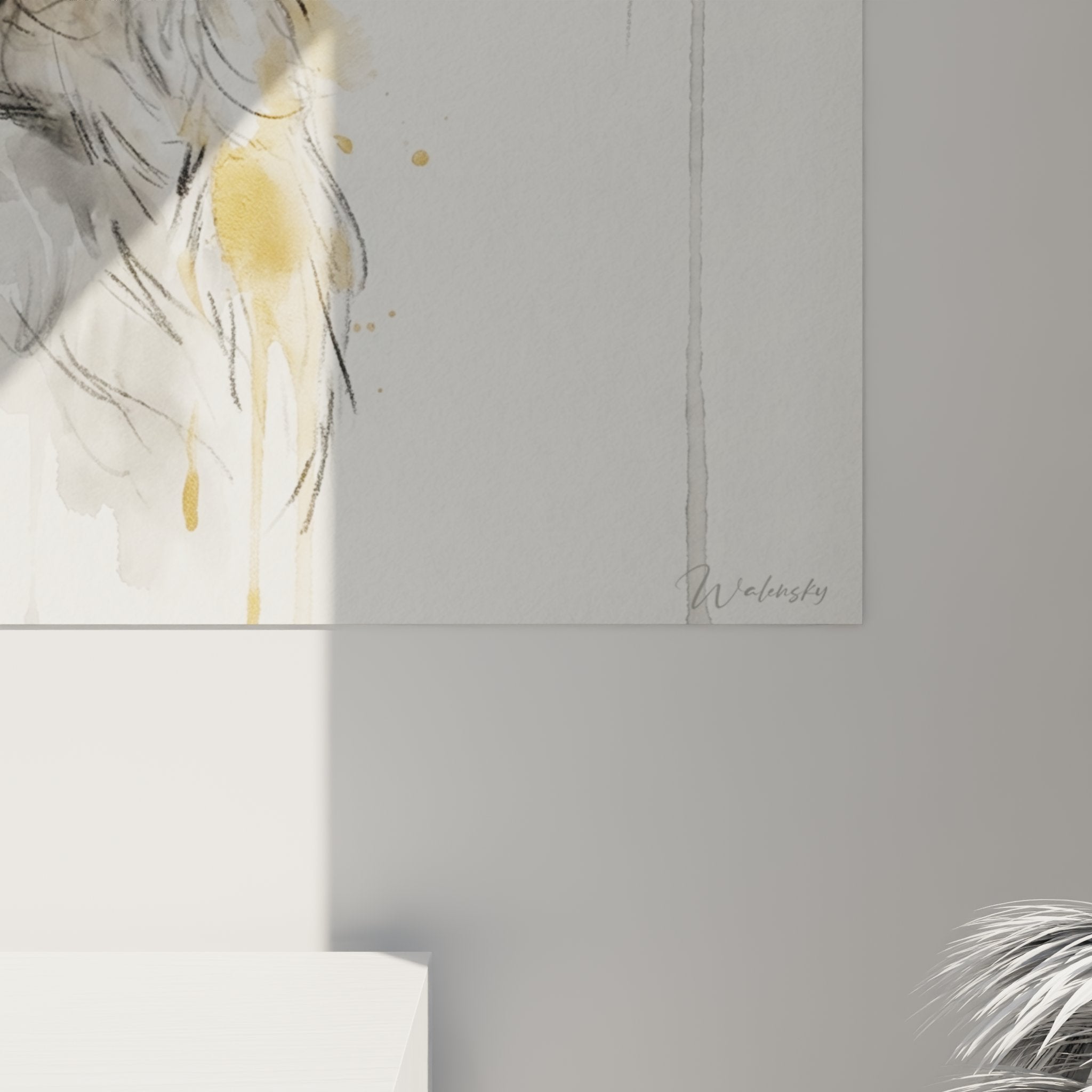 Tableau Golden Retriever aquarelle vue d'ensemble, art animalier contemporain tons ocre et gris