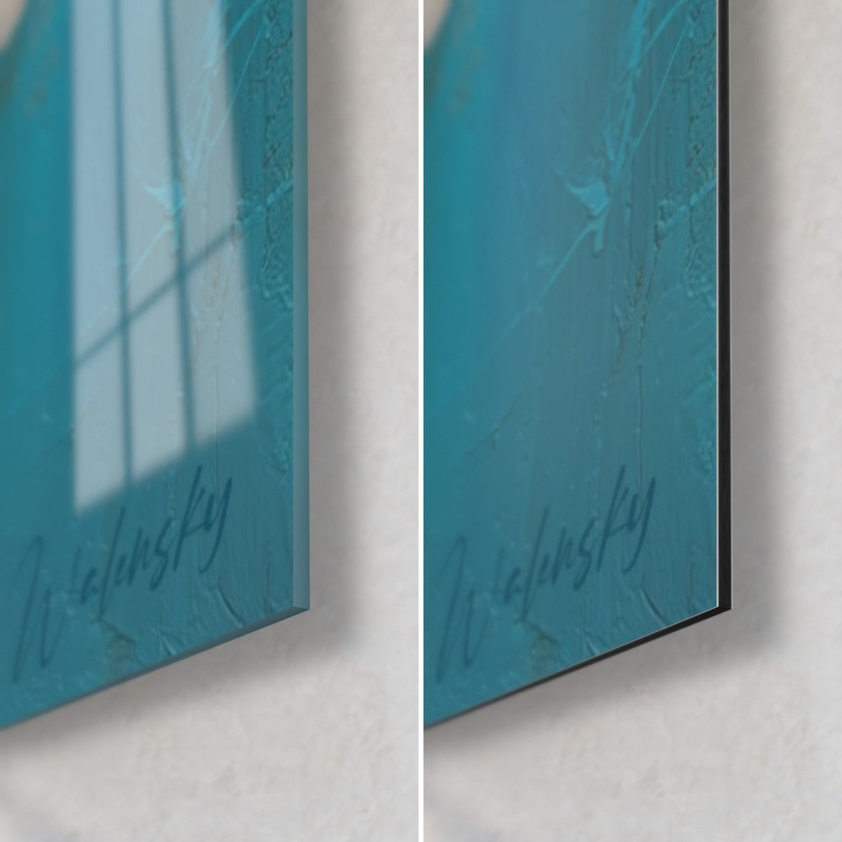 Wall art Ivory feathery grasses on turquoise, bottom-right detail: glossy acrylic glass with reflections, matte black Dibond aluminium, 3 mm edge
