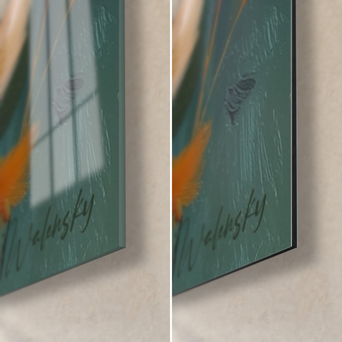 Tableau plumes de pampa rose et orange, coin bas droit, verre acrylique brillant et Dibond mat, tranche de 3 mm