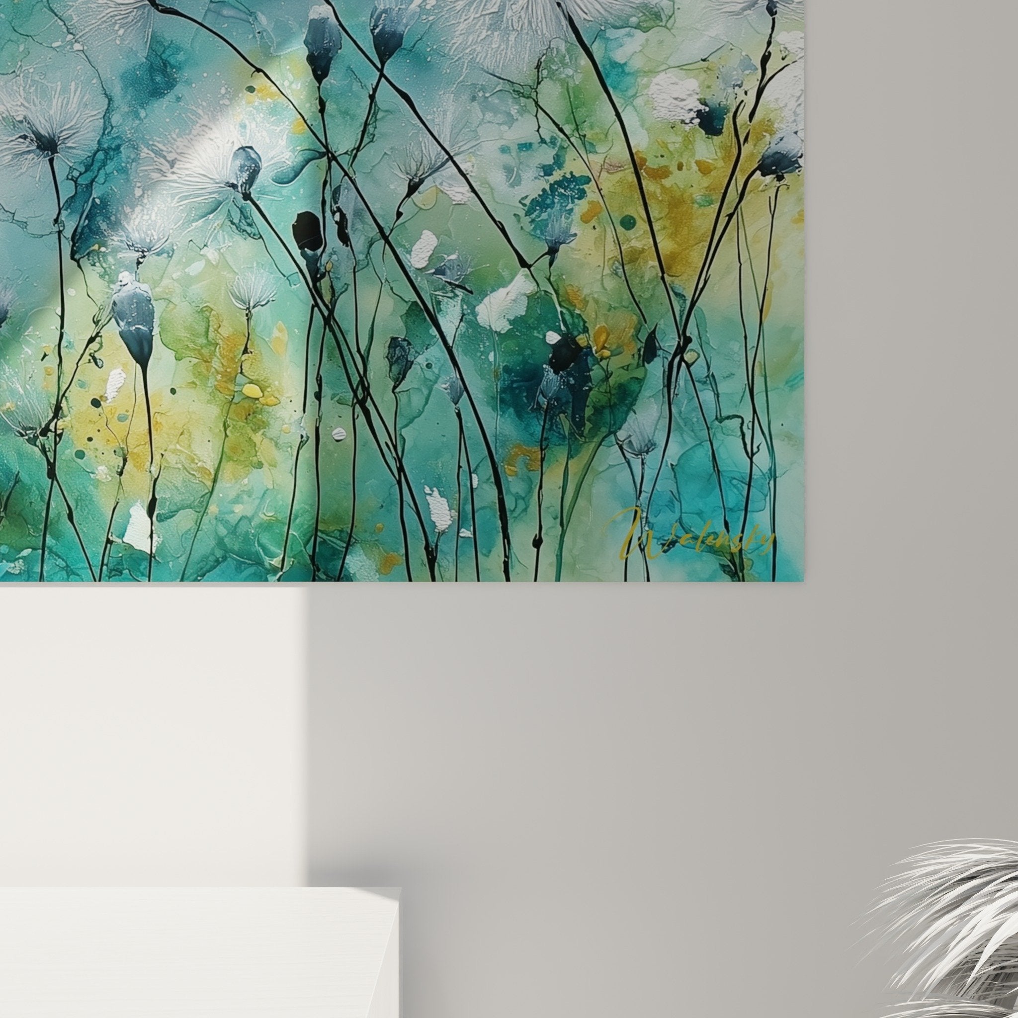 Vue d'ensemble tableau panoramique graminées blanches fond coloré turquoise vert décoration murale naturelle