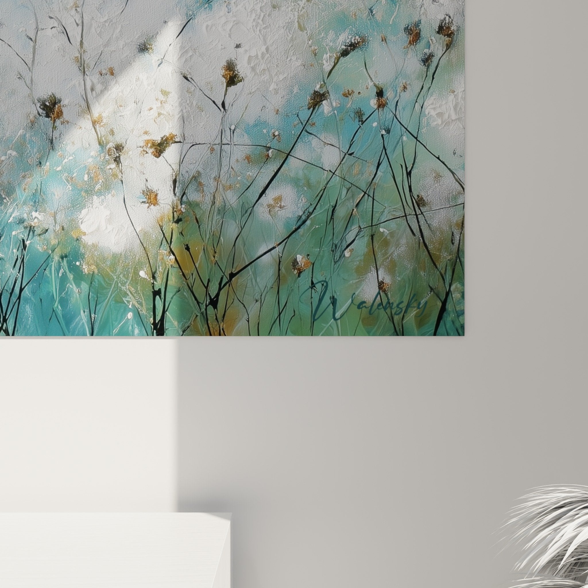 Übersicht Wandbild abstrakte Gräser Farbpalette Türkis Beige und Weiß Dekoration