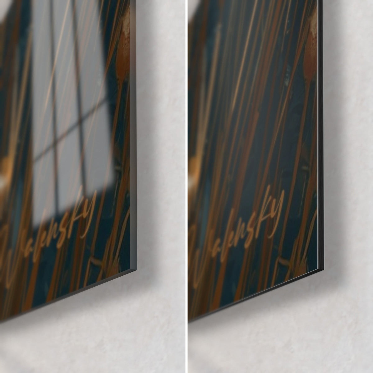 Wall art with golden grasses on a blue-green background, bottom right corner: glossy glass on the left, matte Dibond on the right, 3 mm edge