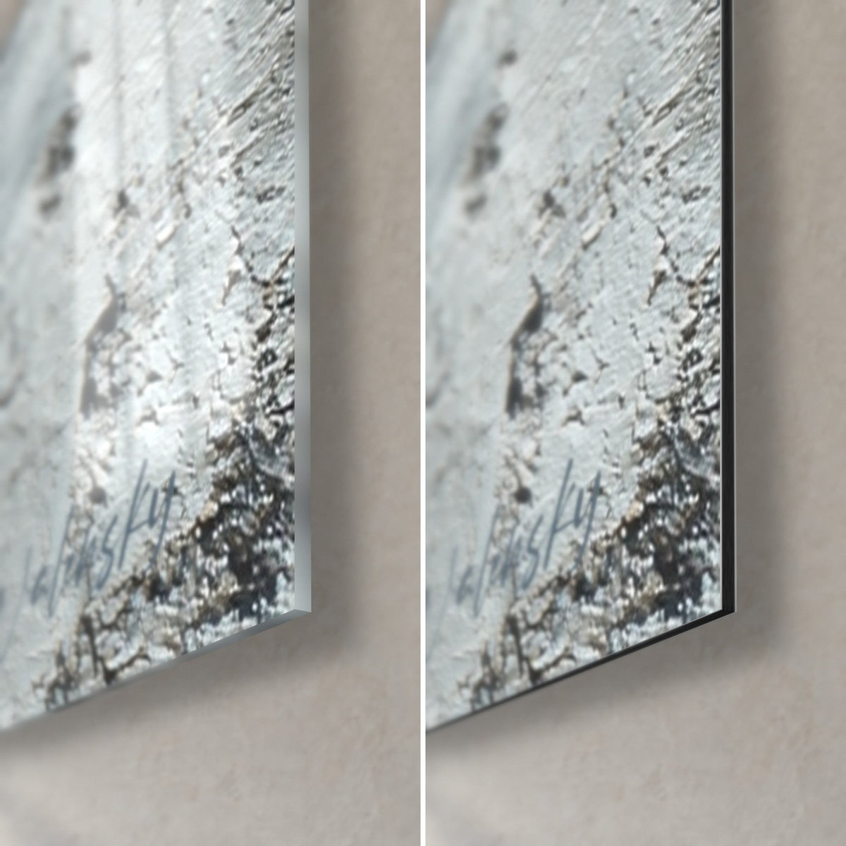 Gemälde mineralische Textur in Silbergrau und Kohleschwarz, untere rechte Ecke aus glänzendem Acrylglas links, mattes Dibond-Aluminium rechts, 3 mm Stärke