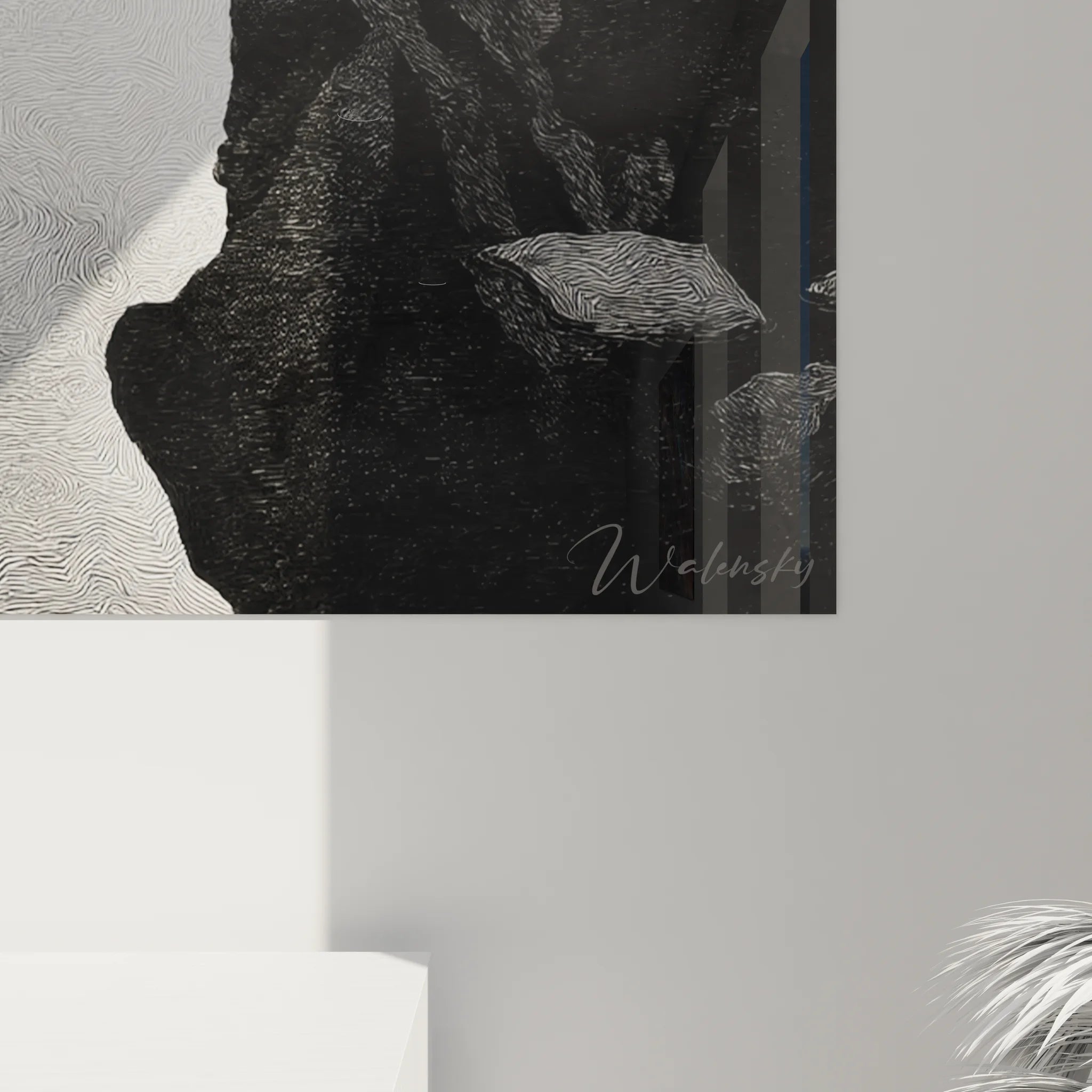 Vue ensemble tableau grotte mystérieuse, art mural noir et blanc pour décoration intérieure moderne