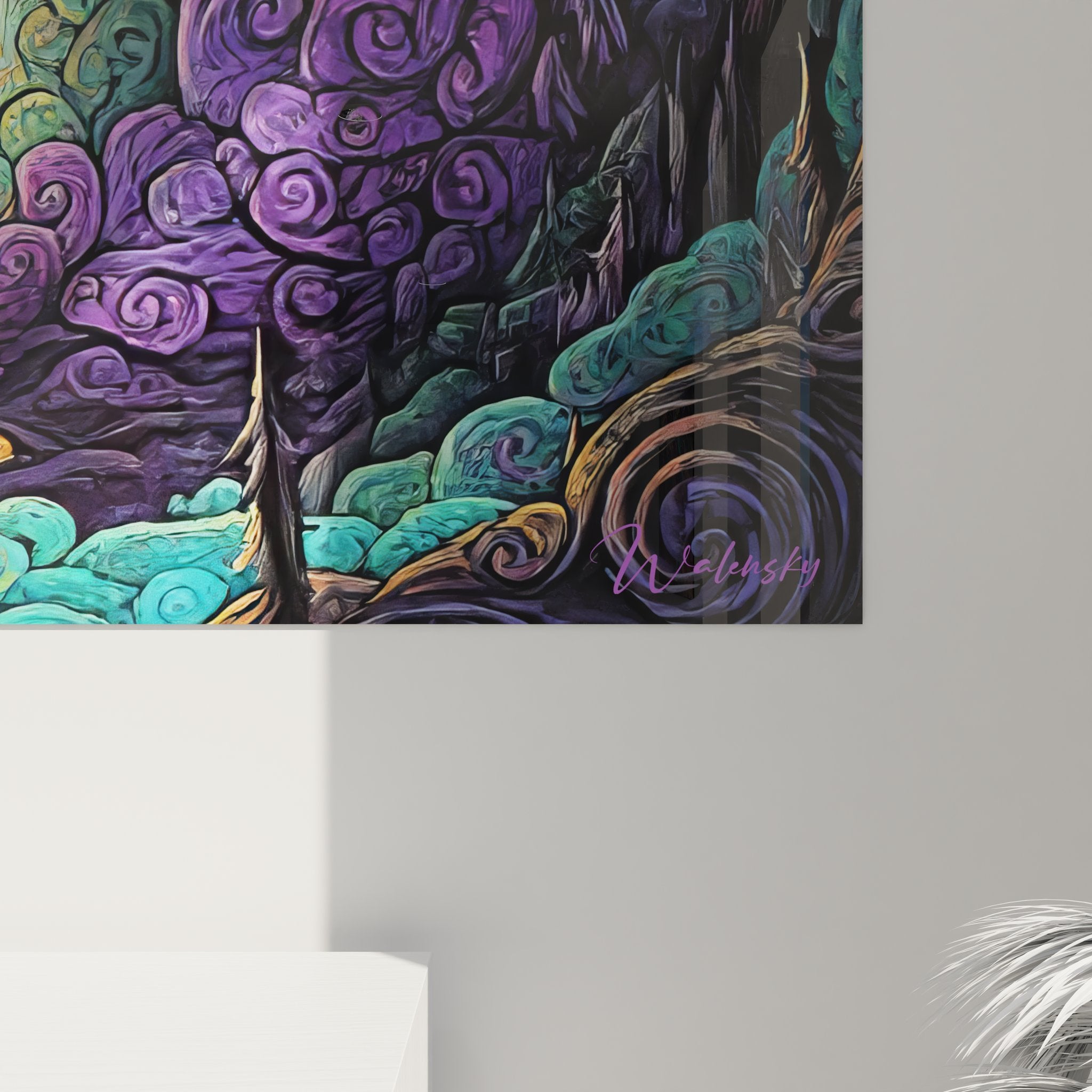 Vue ensemble tableau mural grotte spiralée fantastique avec portail doré lumineux