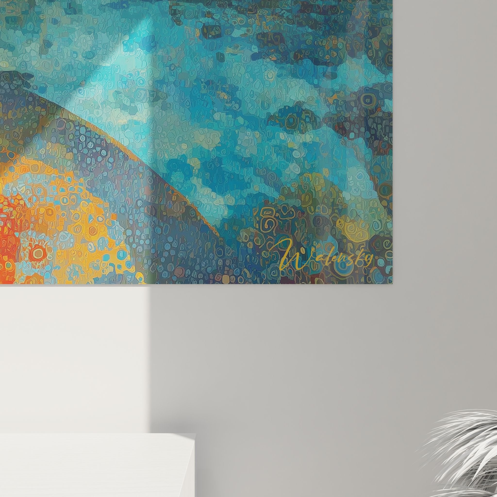 Vue ensemble tableau mural habitation aquatique futuriste dans décoration intérieure contemporaine