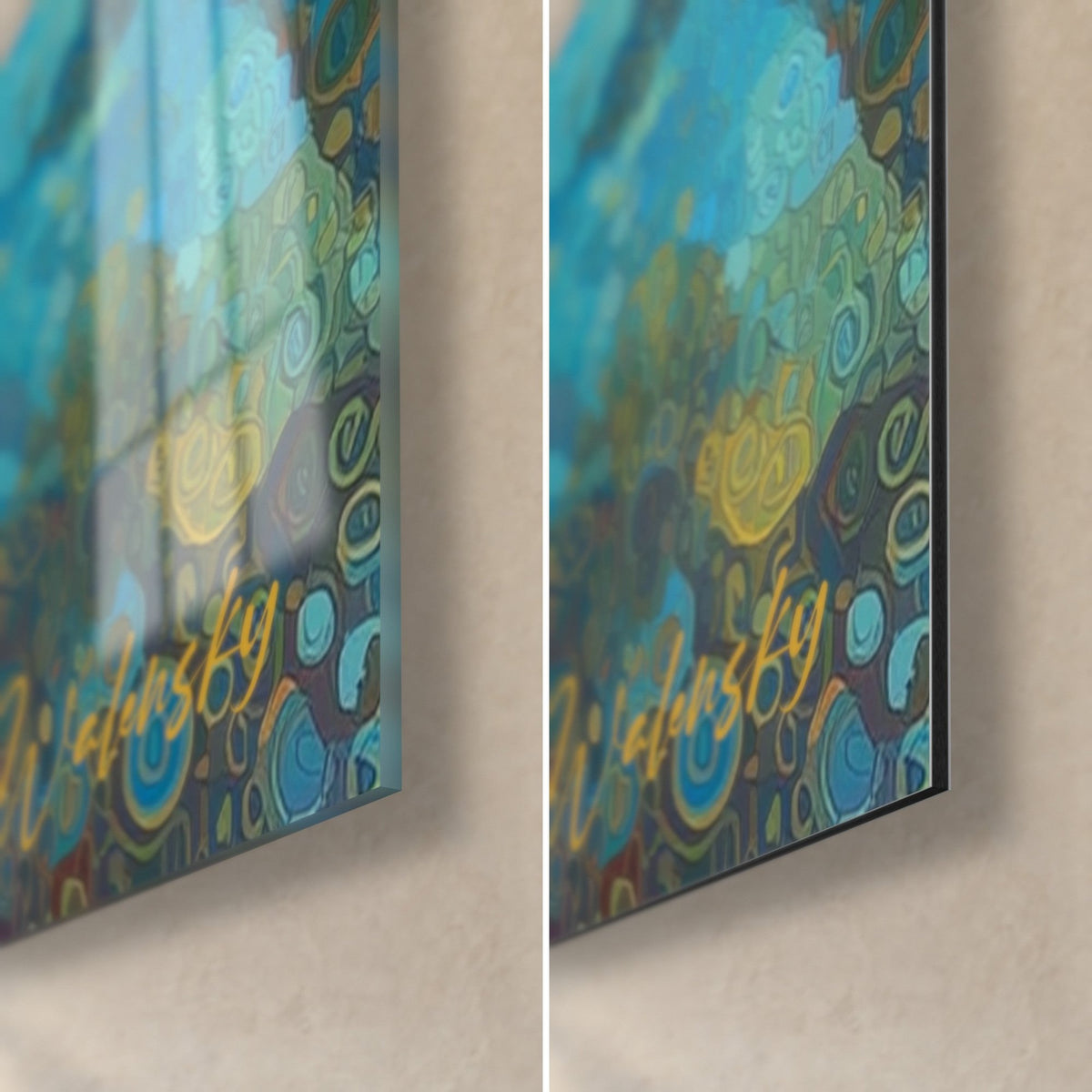 Quadro bungalow lagunare con cerchi blu e arancio, angolo in basso a destra in vetro lucido e Dibond opaco, spessore 3 mm