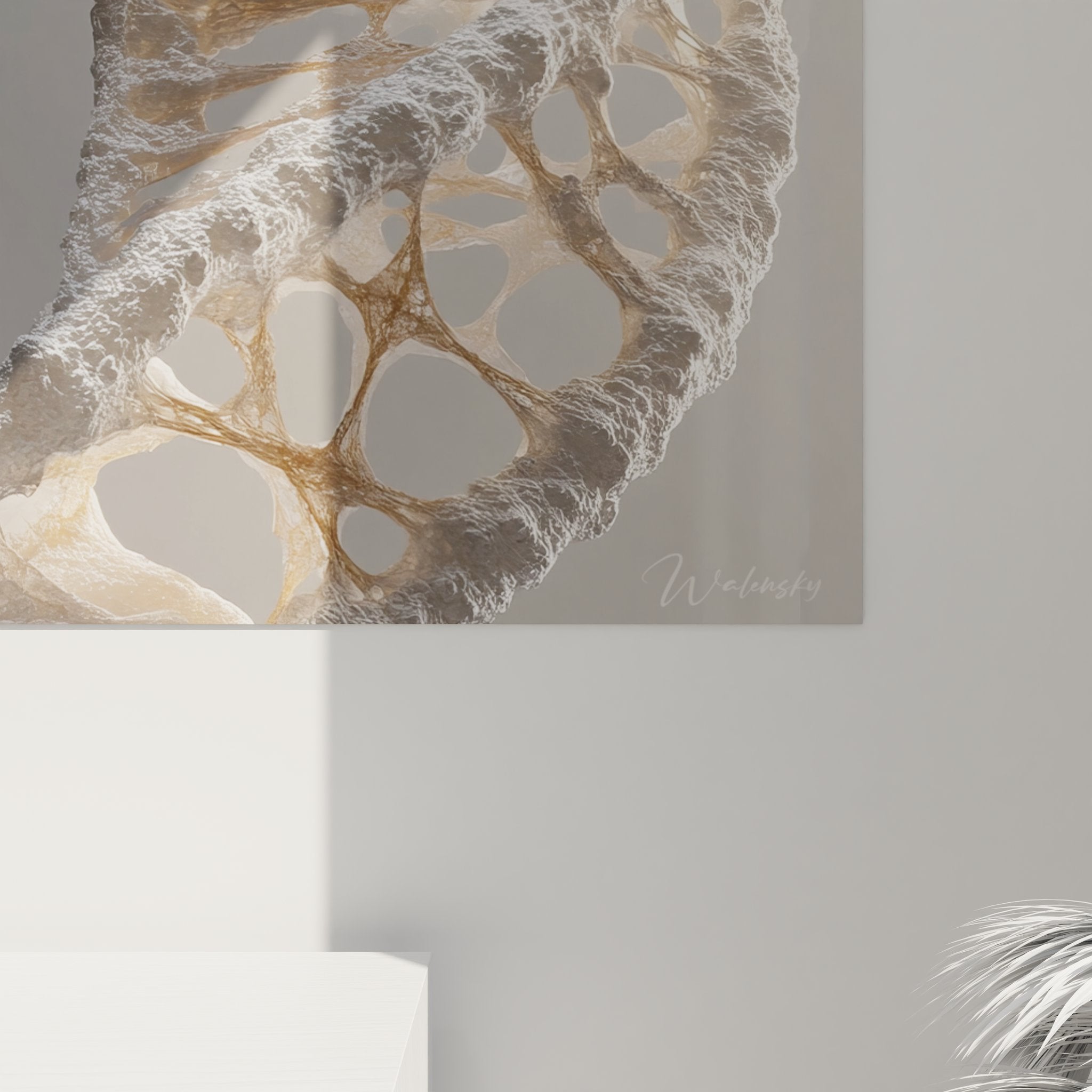 Vue ensemble tableau mural double hélice ADN art décoratif scientifique tons dorés nacrés