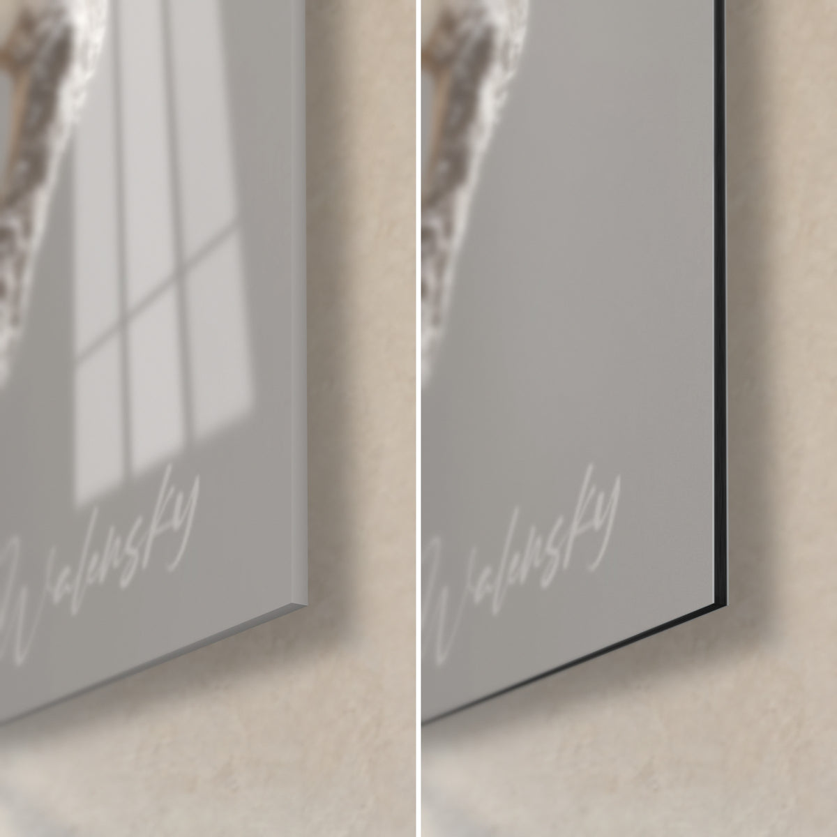 Cuadro espiral genética blanco marfil sobre fondo gris perla, esquina inferior derecha: cristal acrílico brillante y Dibond de aluminio mate