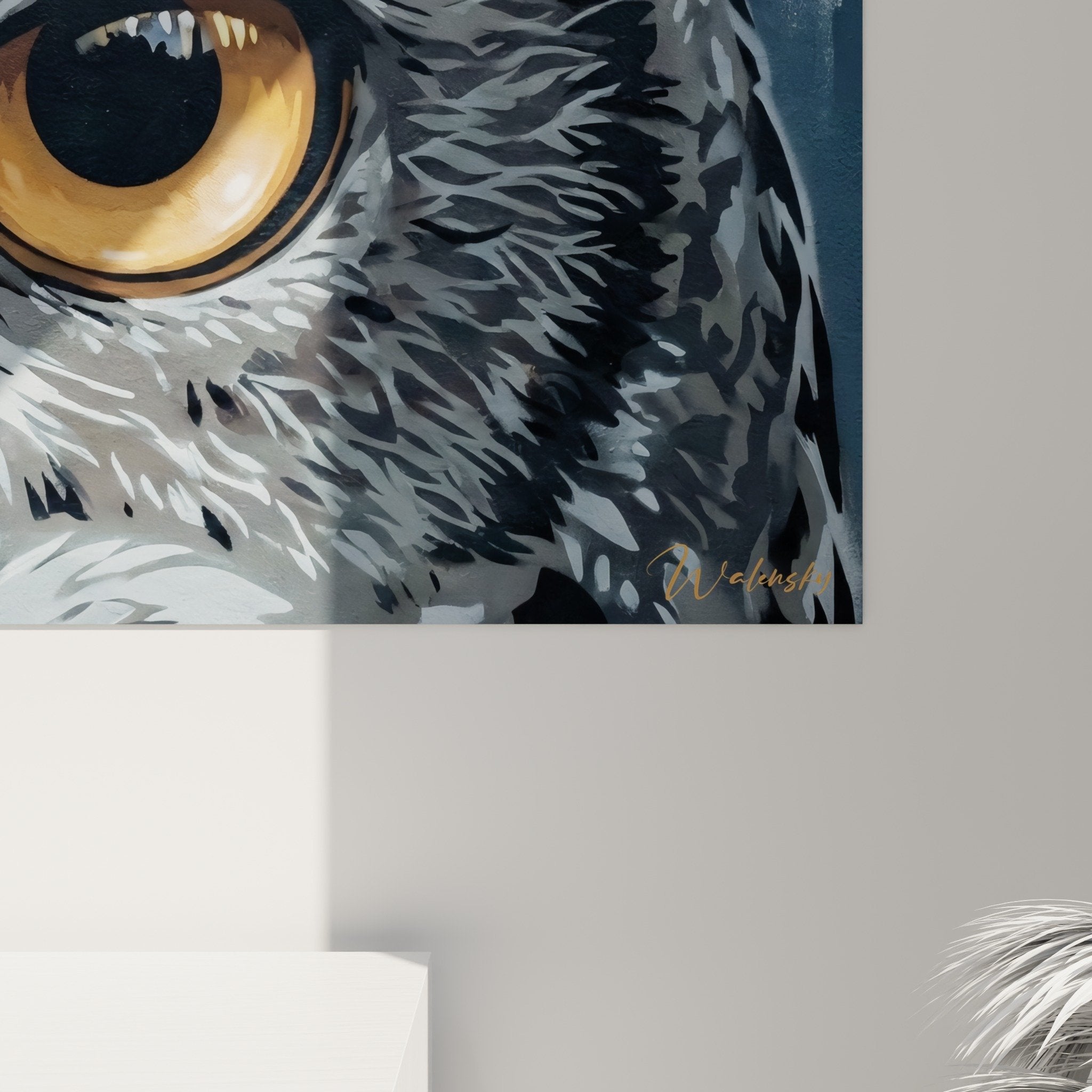 Vue ensemble tableau street art pochoir hibou regard magnetique decoration murale