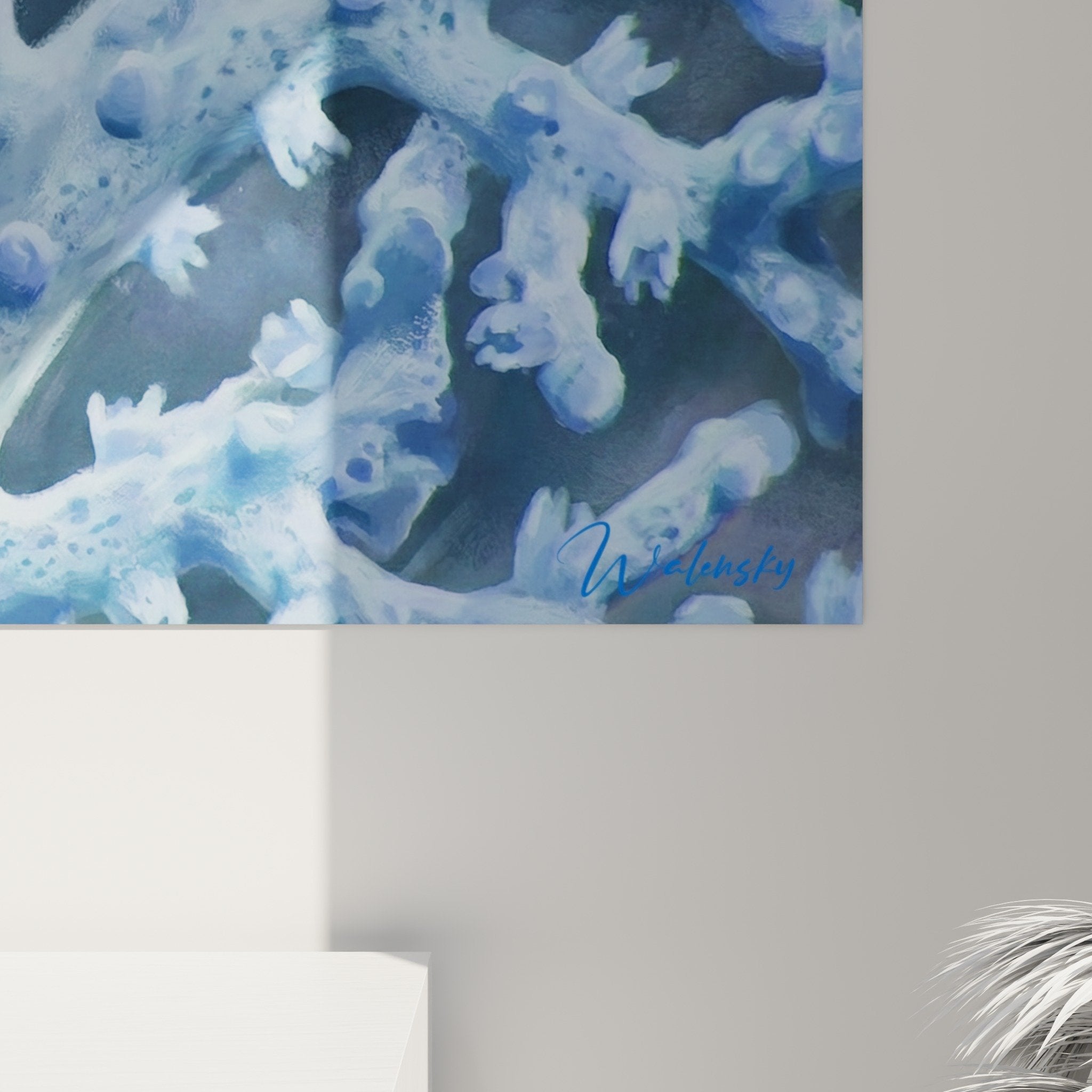 Vue ensemble tableau hippocampe bleu coraux composition marine decoration interieur edition hippocampe