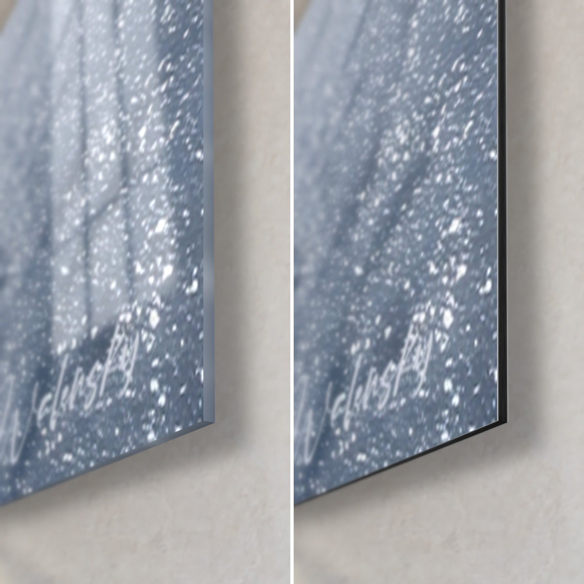 Gemälde Himmelskörper mit funkelnden Strahlen, untere rechte Ecke: glänzendes Glas links, mattes Dibond rechts, schwarze Kante 3 mm