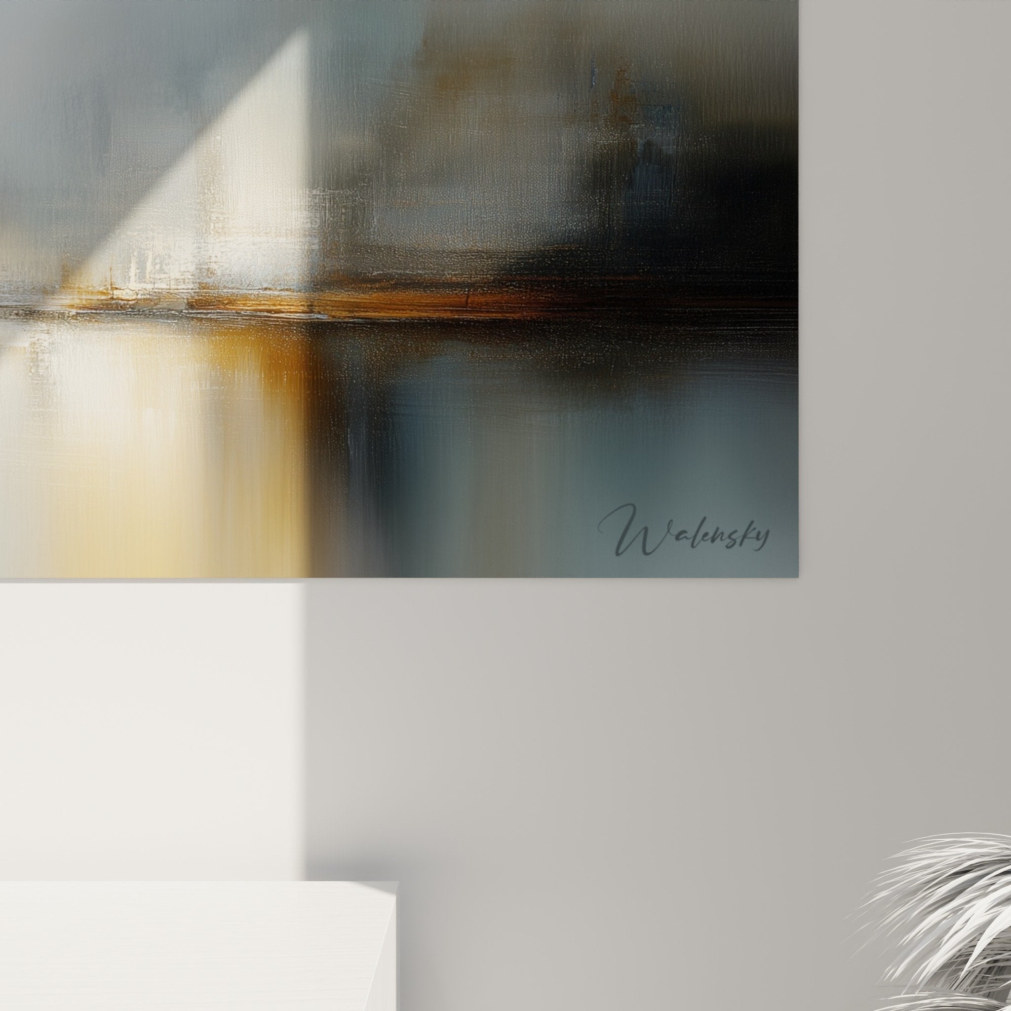 Overview of horizontal abstract landscape artwork, balanced composition with metallic and gold tones