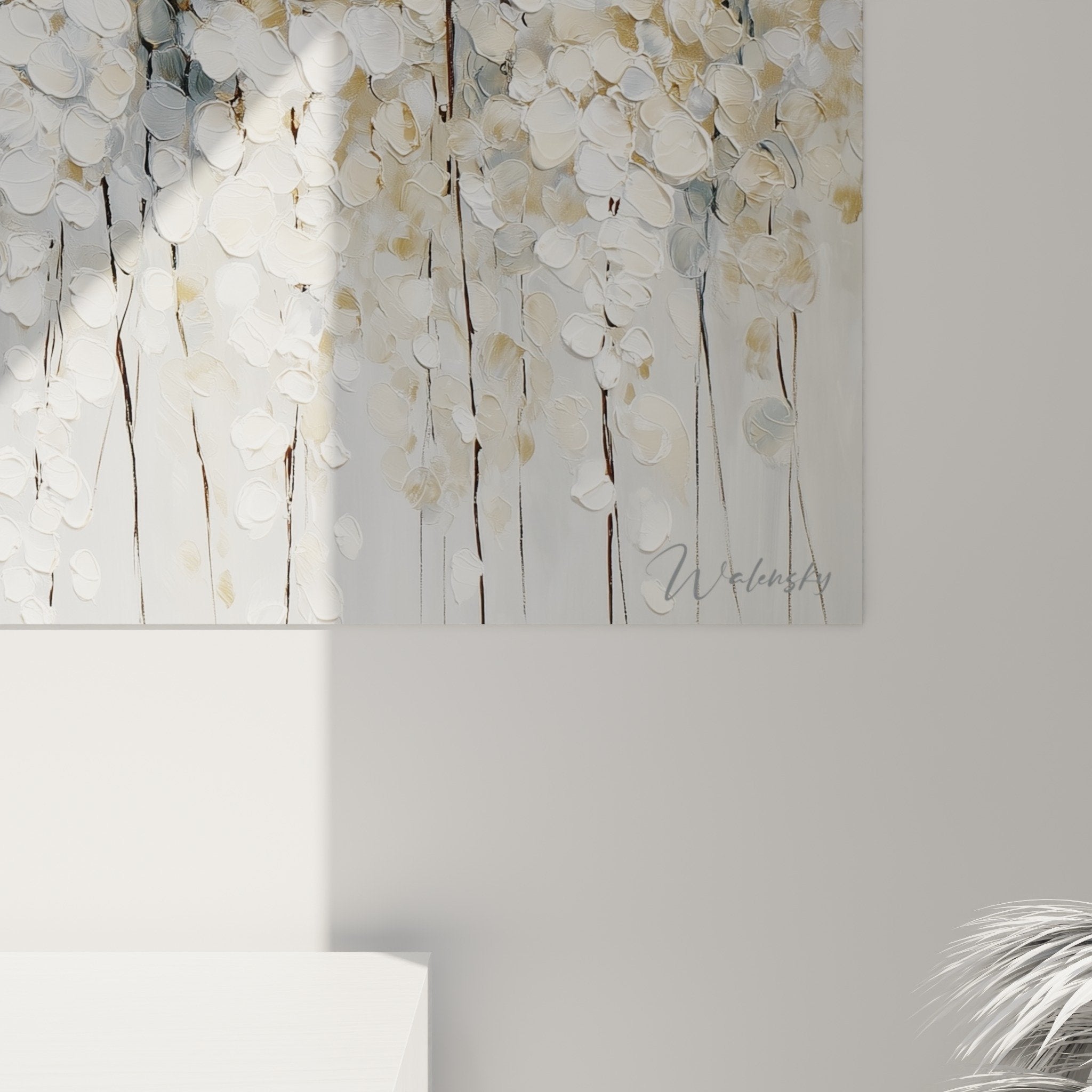 Overall view horizontal artwork white and gold flowering branches elegant wall decoration