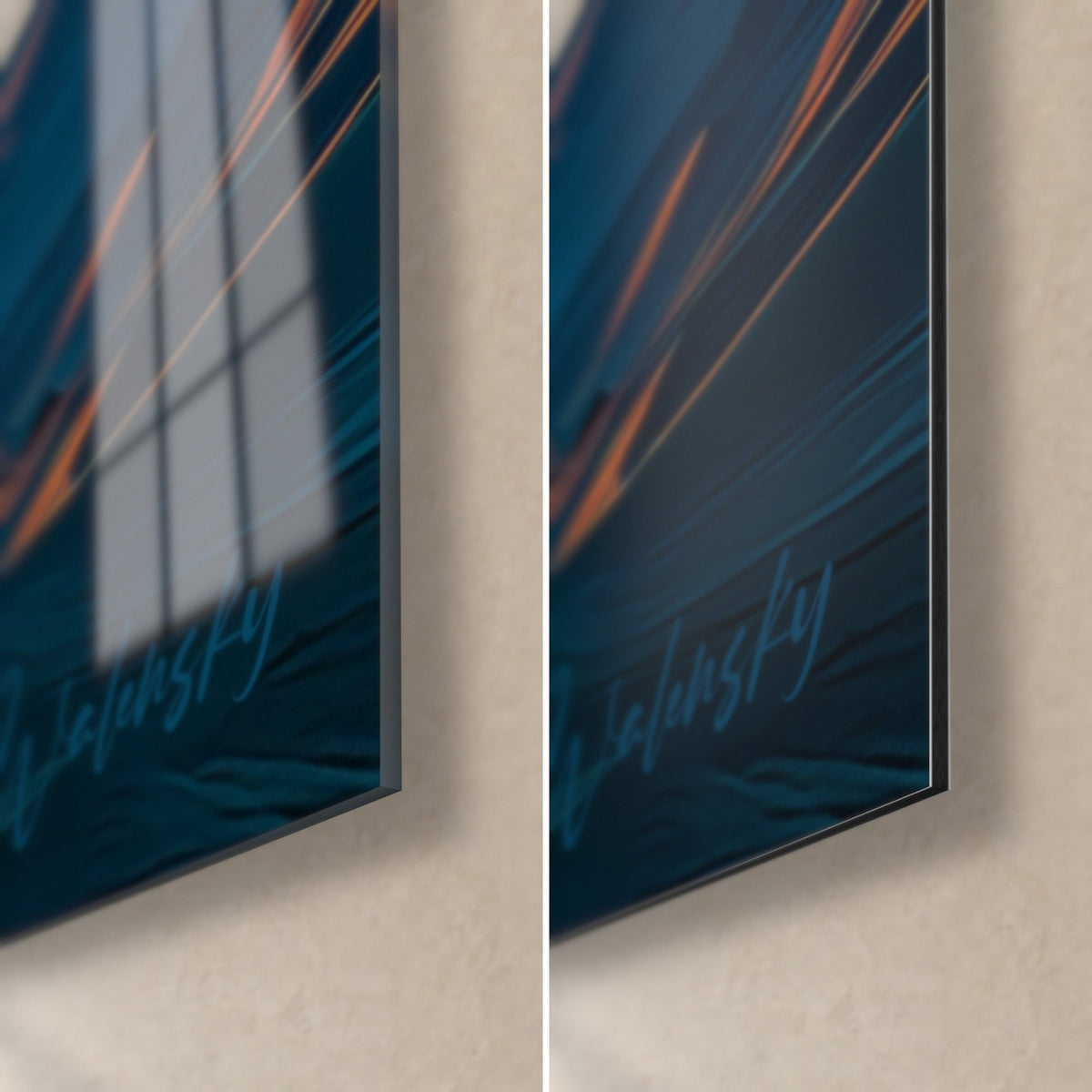 Wall art dune range in petrol blue striped with ochre, bottom-right corner in glossy glass and matte Dibond, 3 mm thick