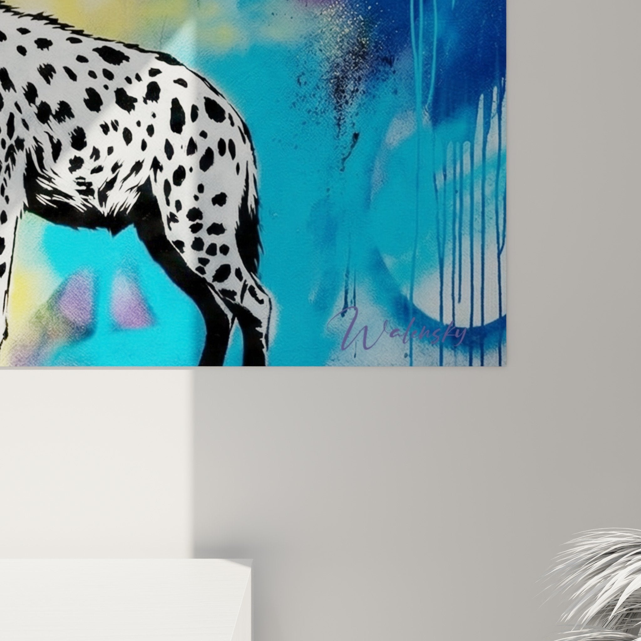 Gesamtansicht Hyänenbild getupfelte zeitgenössische Kunst mit Pastellfarbpalette und Dripping-Technik