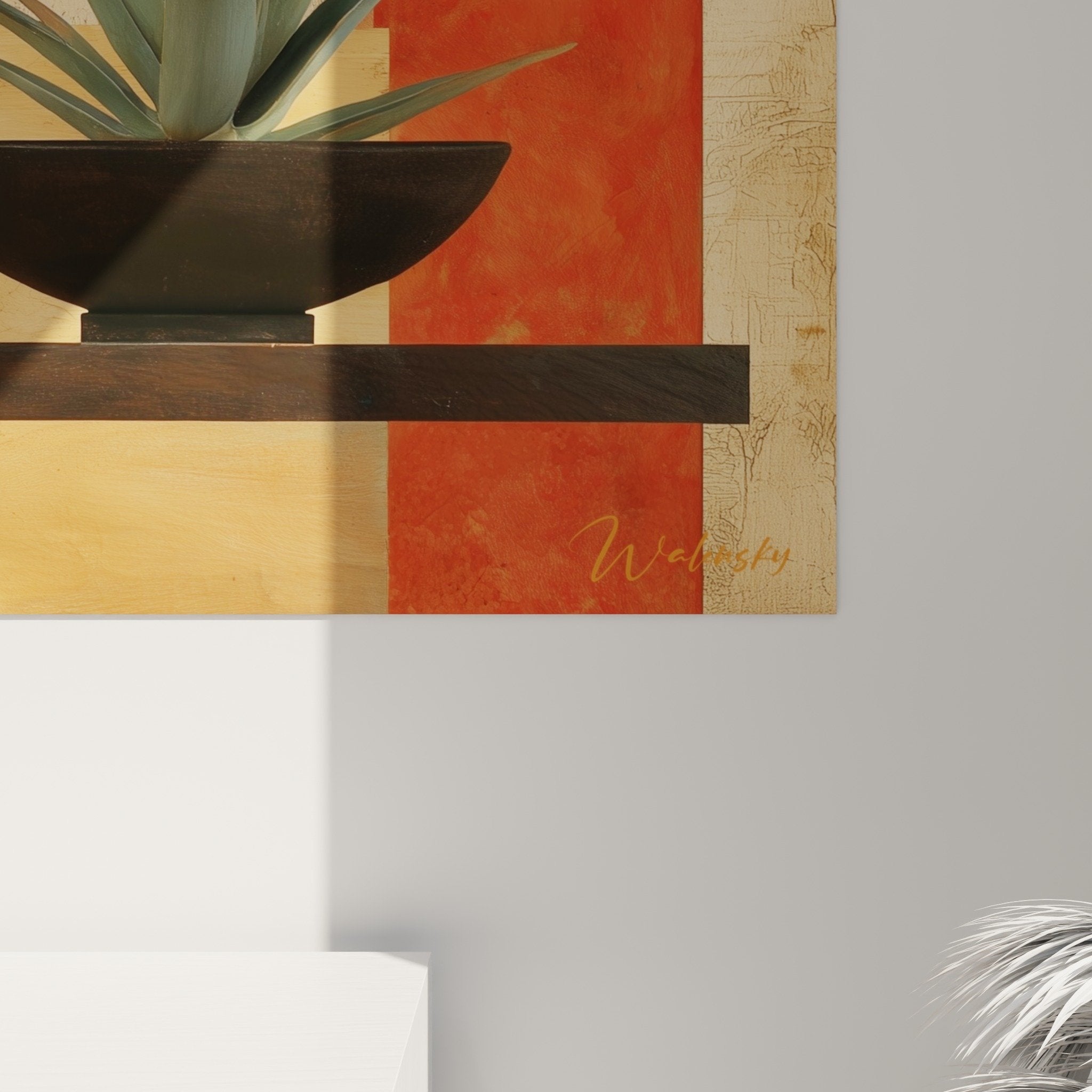 Ikebana wall art full view floral wall decoration red orange geometric background