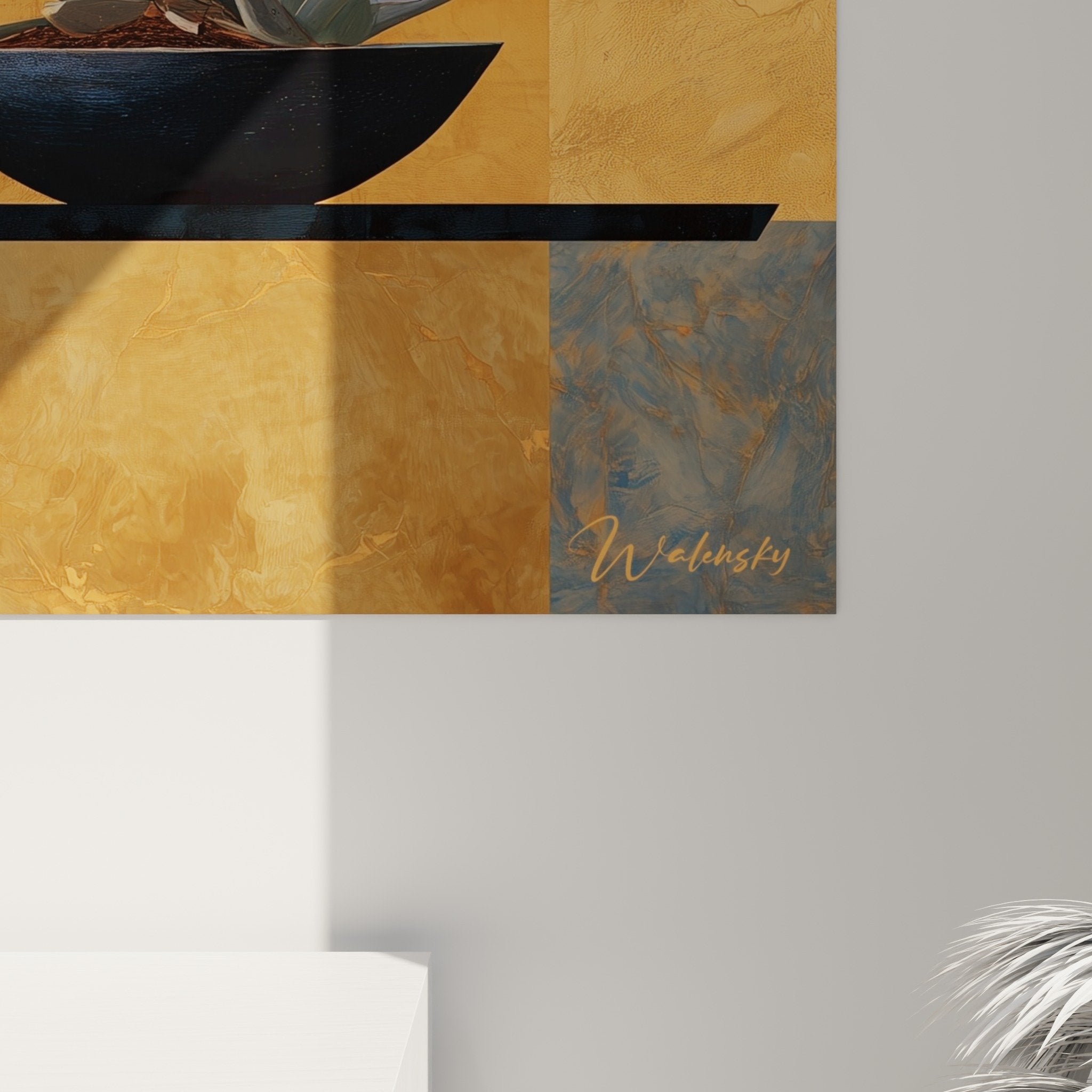 Overview of Ikebana wall art floral composition warm ochre red tones for zen decoration