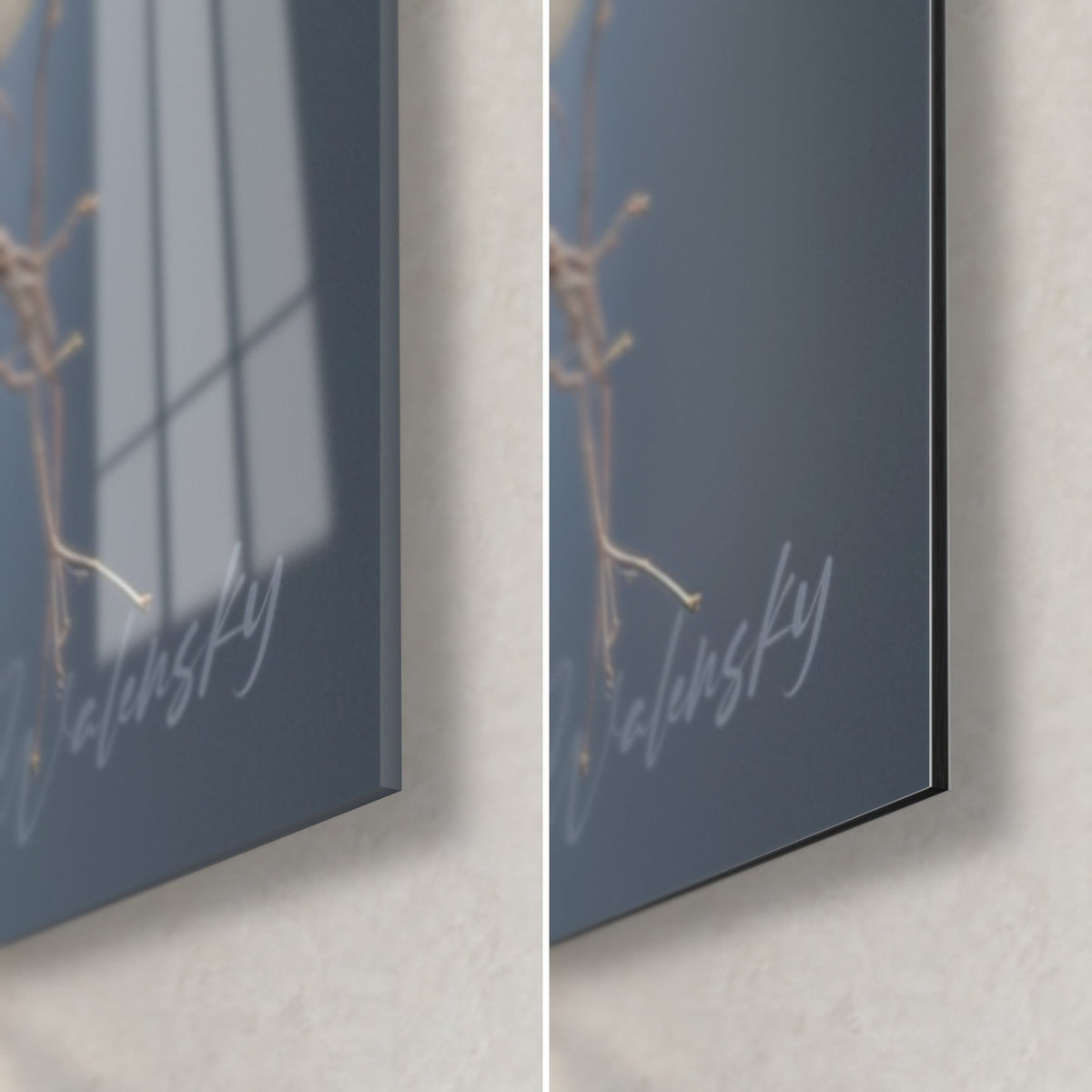 Wall art copper branch on grey-blue background, bottom right corner: glossy acrylic glass on the left, matte black Dibond aluminium on the right
