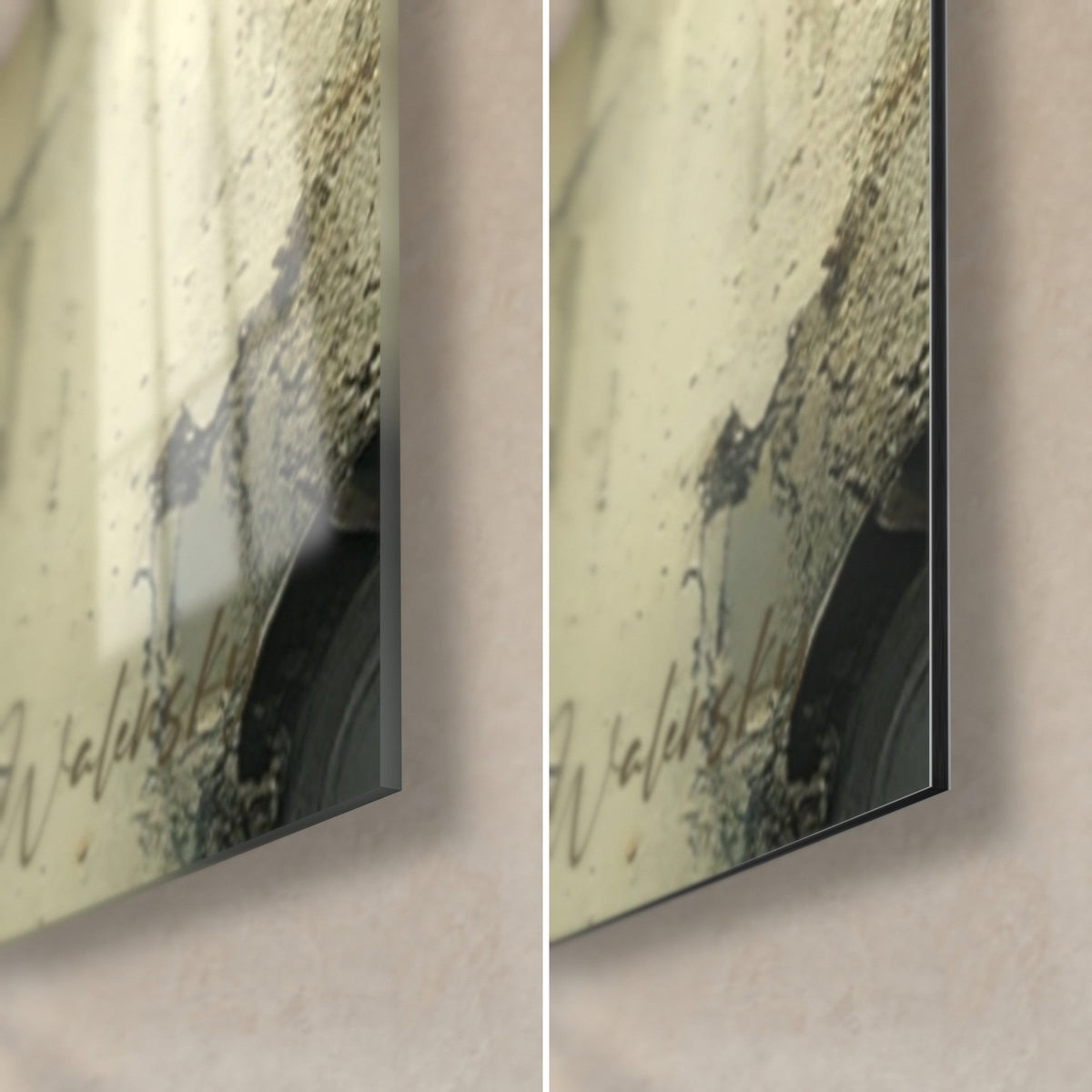 Quadro con pignone dentato consumato in grigio antracite e ocra, angolo in basso a destra: vetro acrilico lucido, Dibond opaco, spessore 3 mm