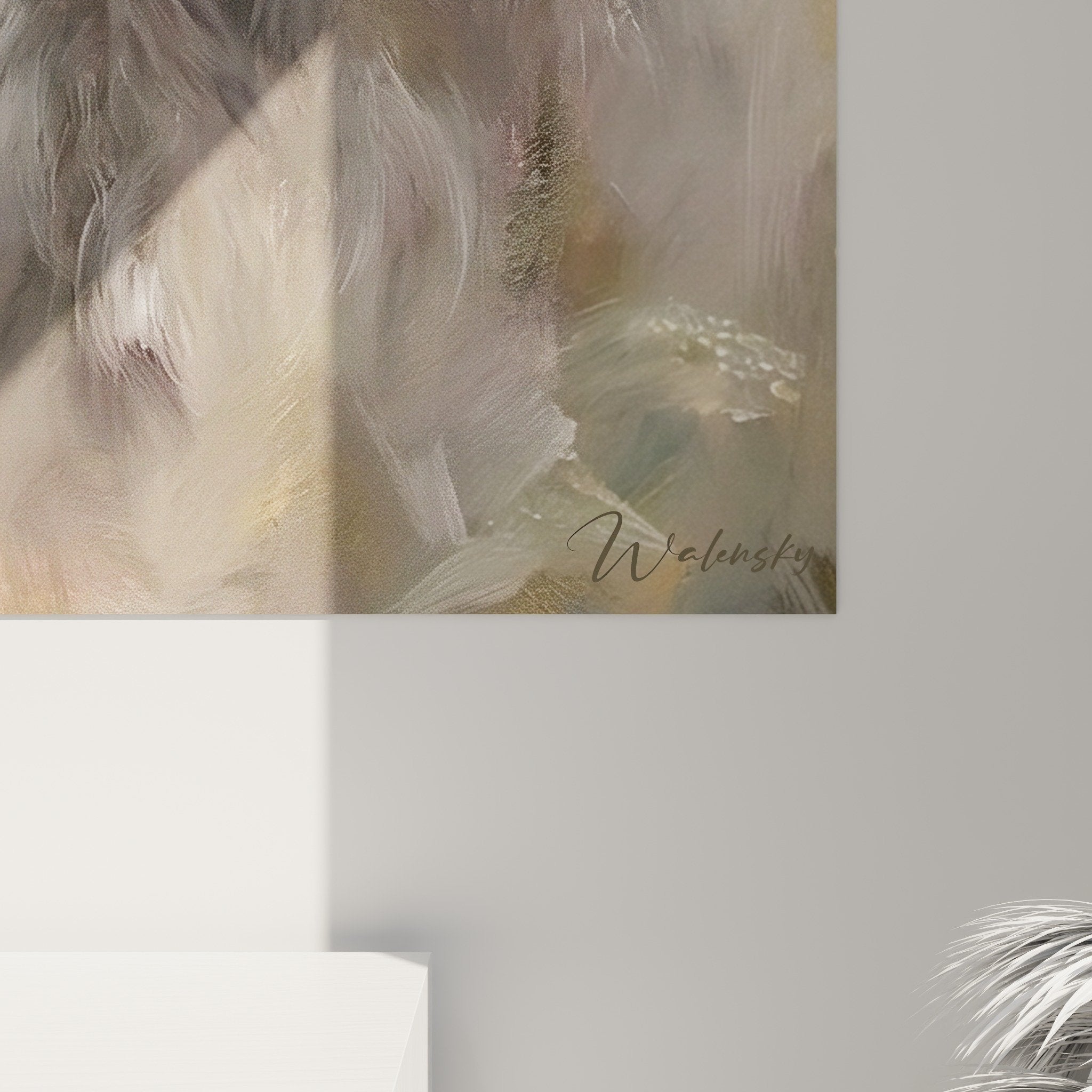 Overview Irish Wolfhound wall art, living room mural, neutral gray beige palette