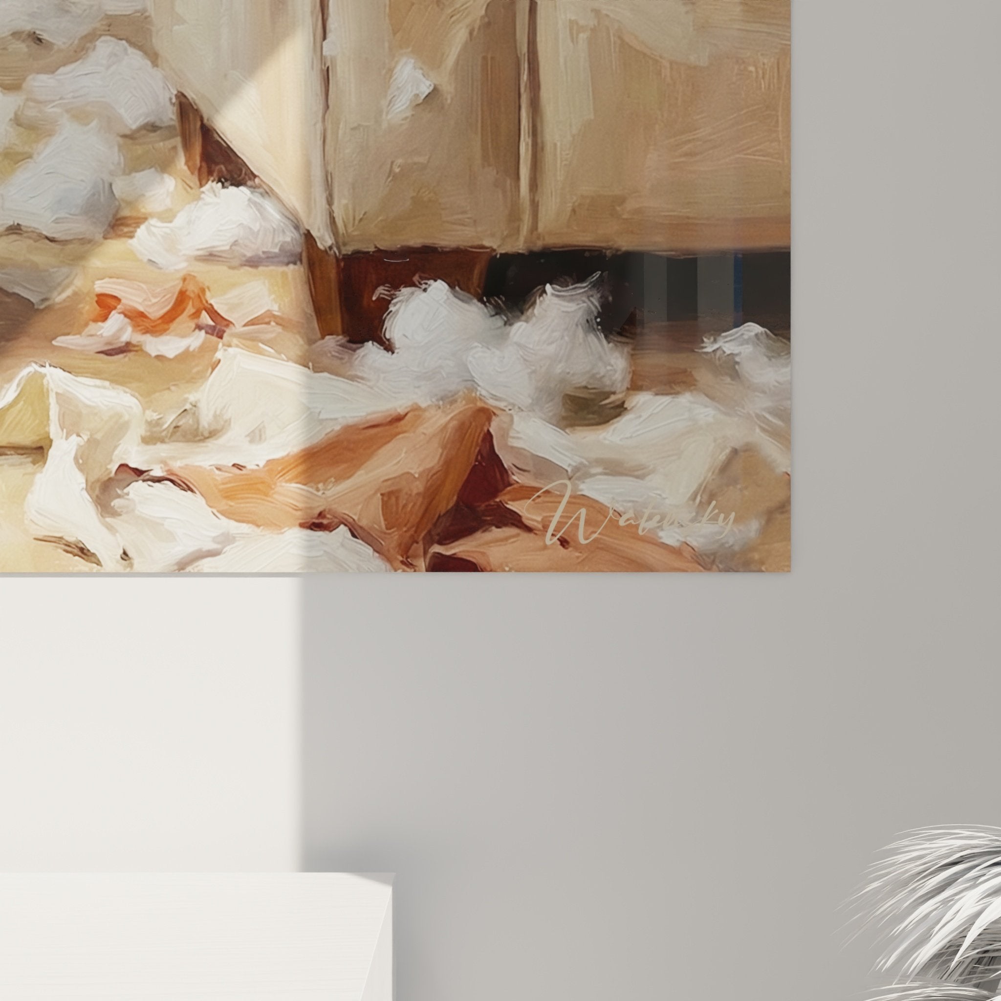 Complete view jack russell terrier painting interior decoration living room warm tones oranges feathers chaos