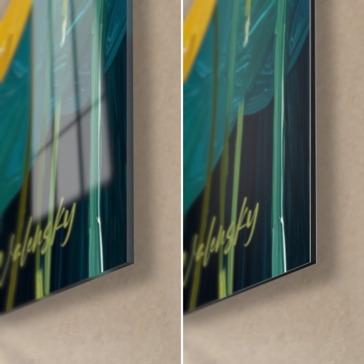 Quadro di fiori di loto dorati dipinti a olio, angolo in basso a destra: vetro acrilico lucido a sinistra, Dibond opaco a destra, spessore 3 mm